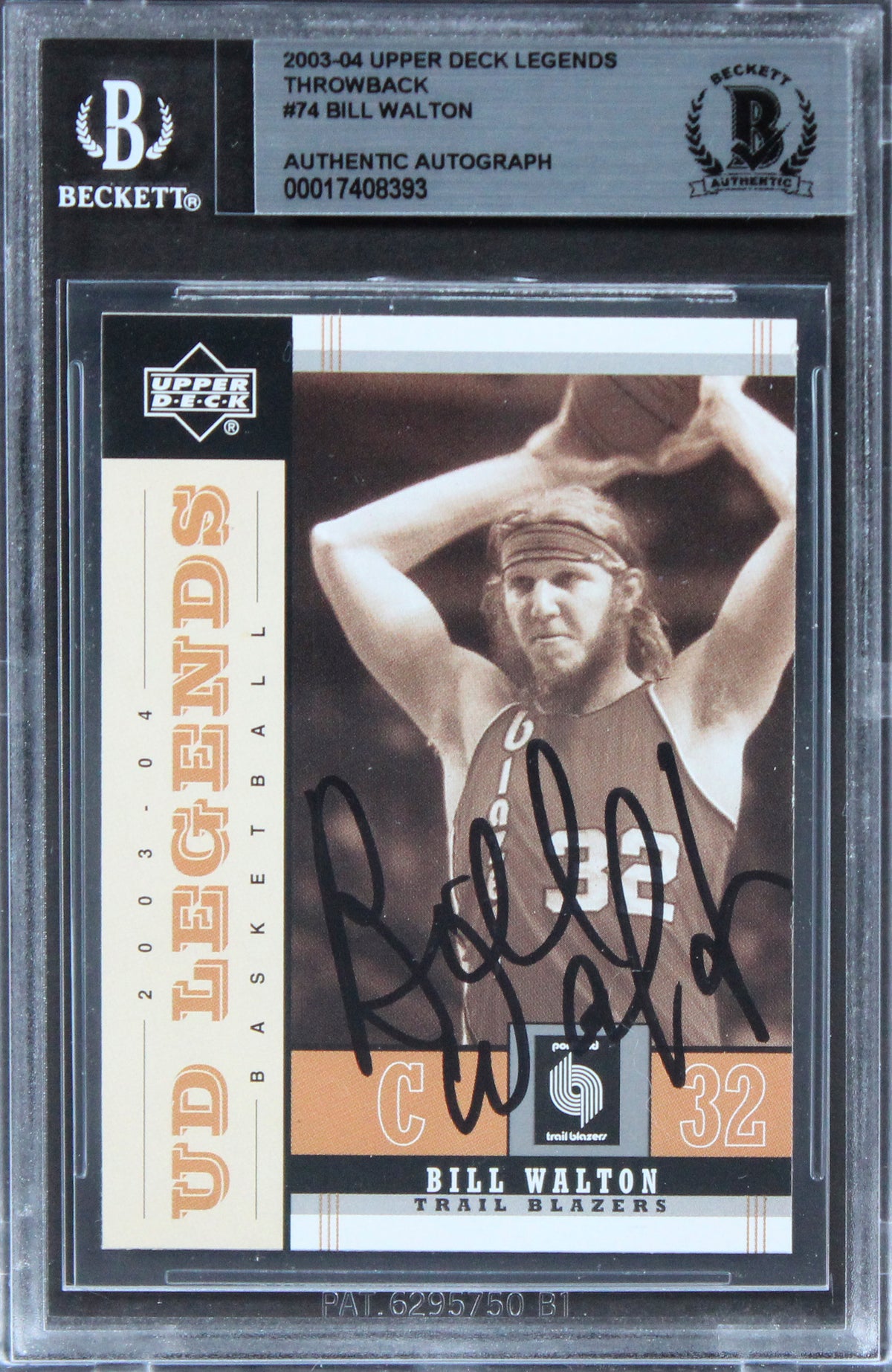 Blazers Bill Walton Signed 2003 Upper Deck Legends Throwback #74 Card BAS Slab