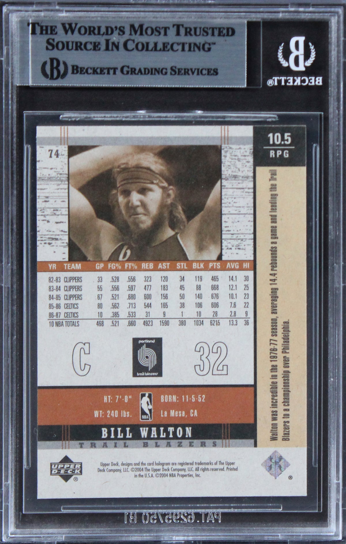 Blazers Bill Walton Signed 2003 Upper Deck Legends Throwback #74 Card BAS Slab