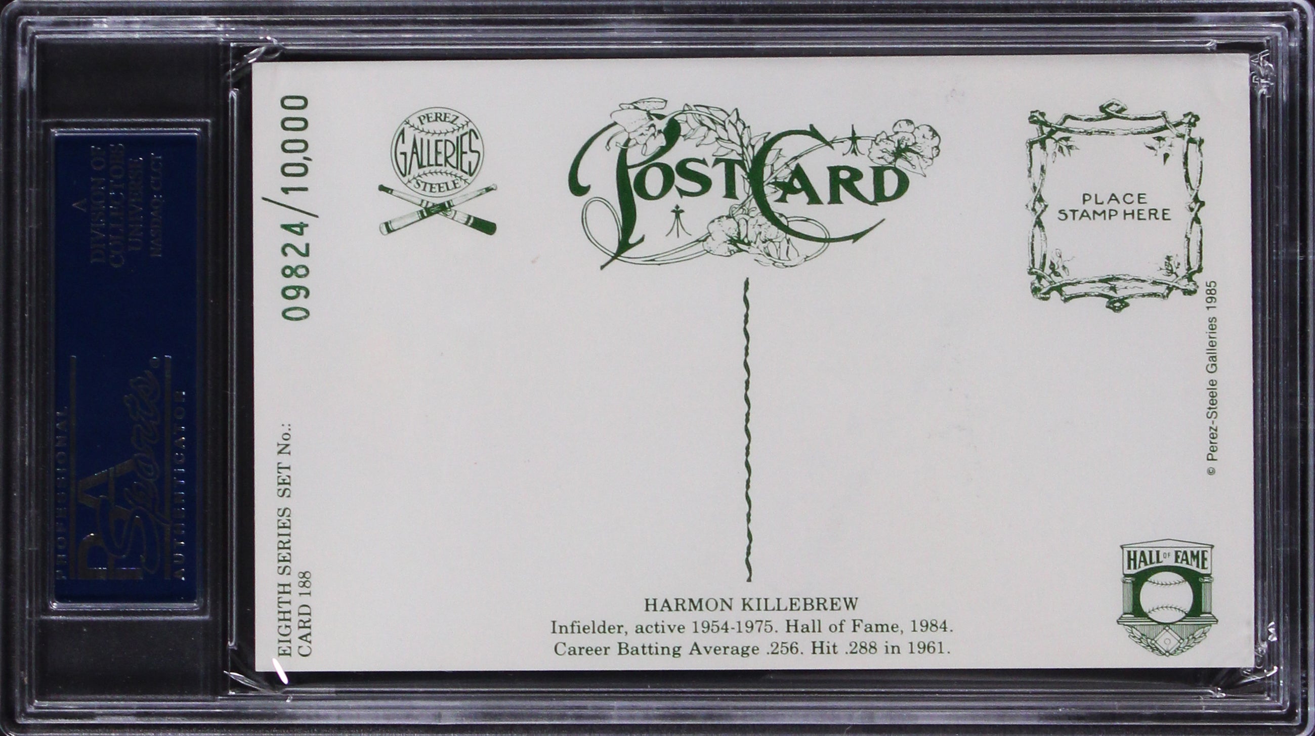 Twins Harmon Killebrew Signed 3.5x5.5 1985 Perez-Steele HOF Postcard PSA Slab