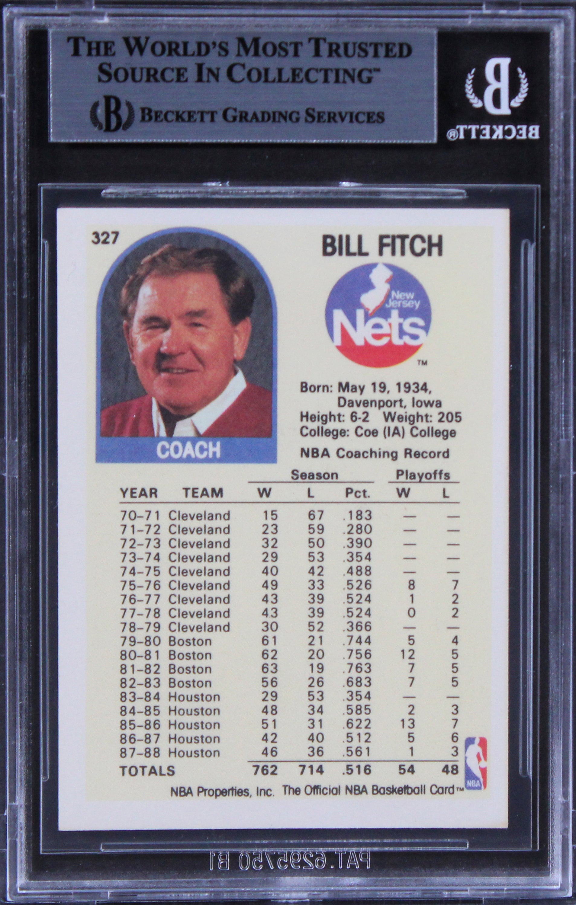 Nets Bill Fitch Authentic Signed 1989 Hoops #327 Card BAS Slabbed