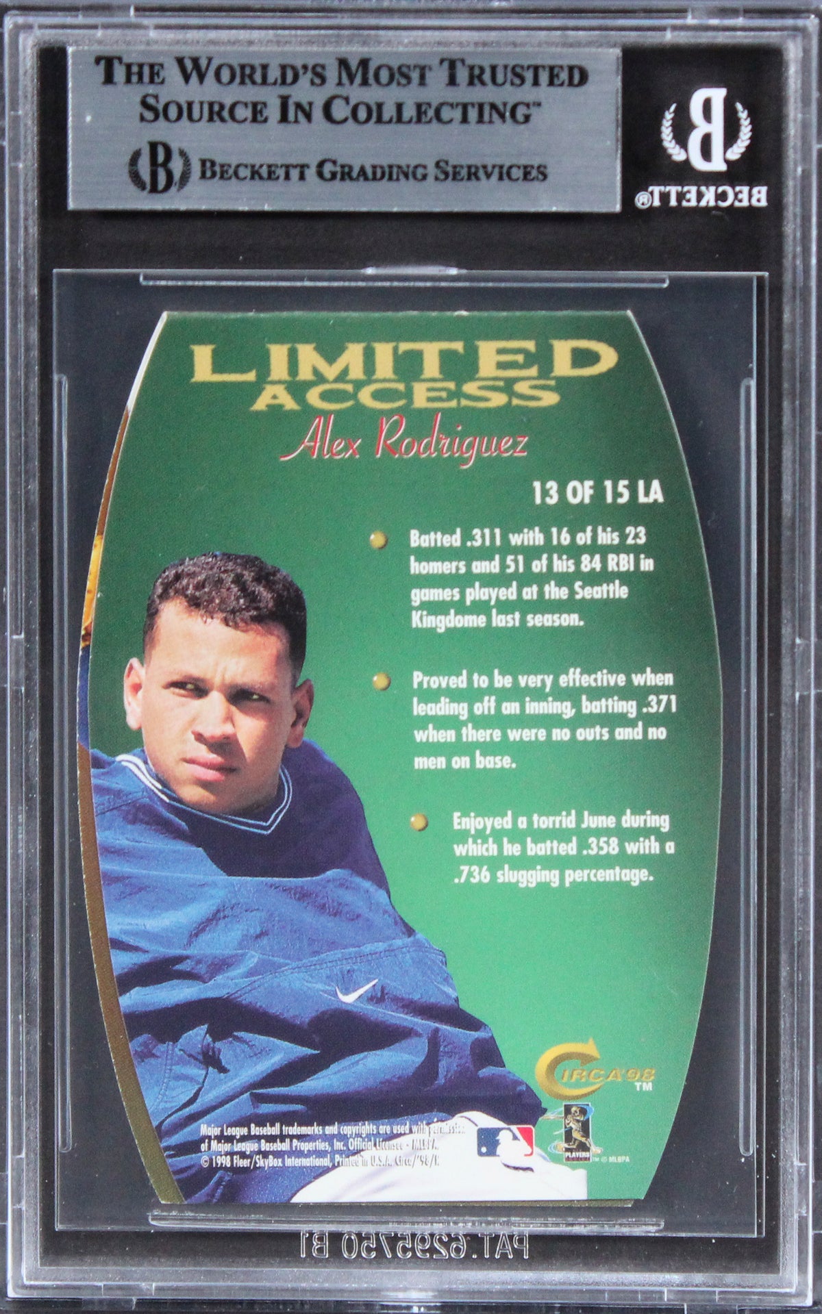 Mariners Alex Rodriguez Signed 1998 Circa Thunder Lmtd Access #13 Card BAS Slab