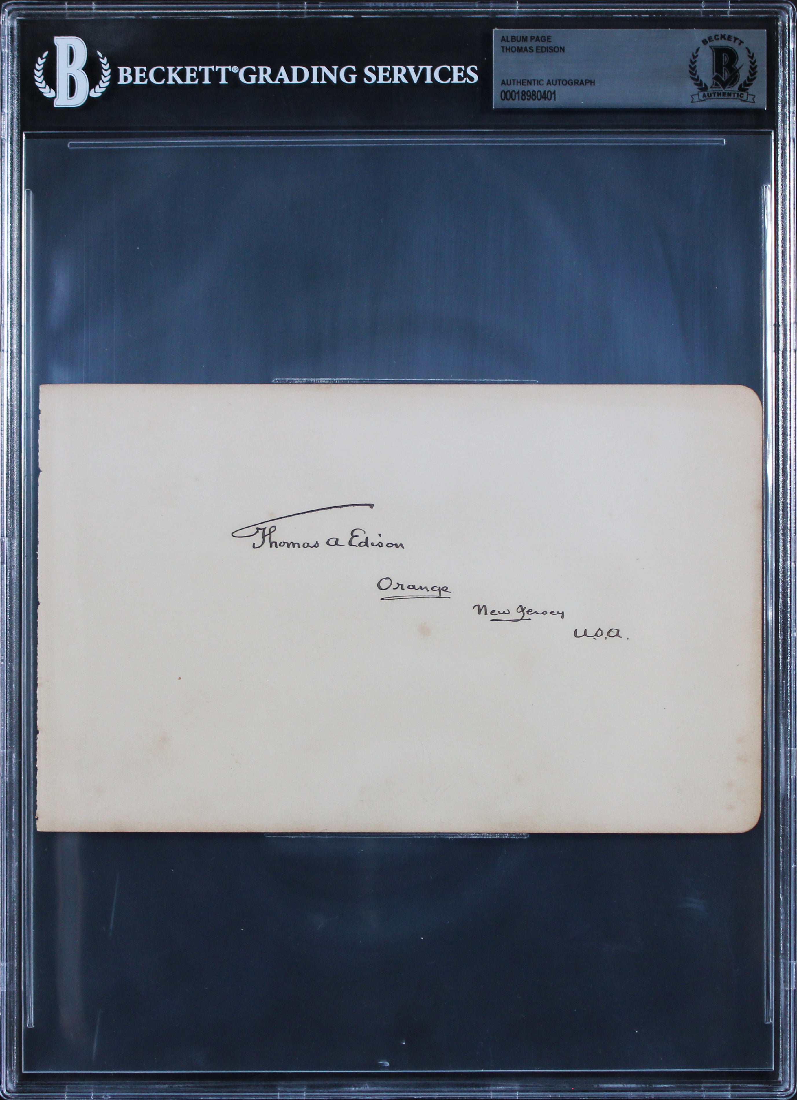Thomas Edison "Orange New Jersey U.S.A." Signed 5x8 Album Page BAS Slabbed