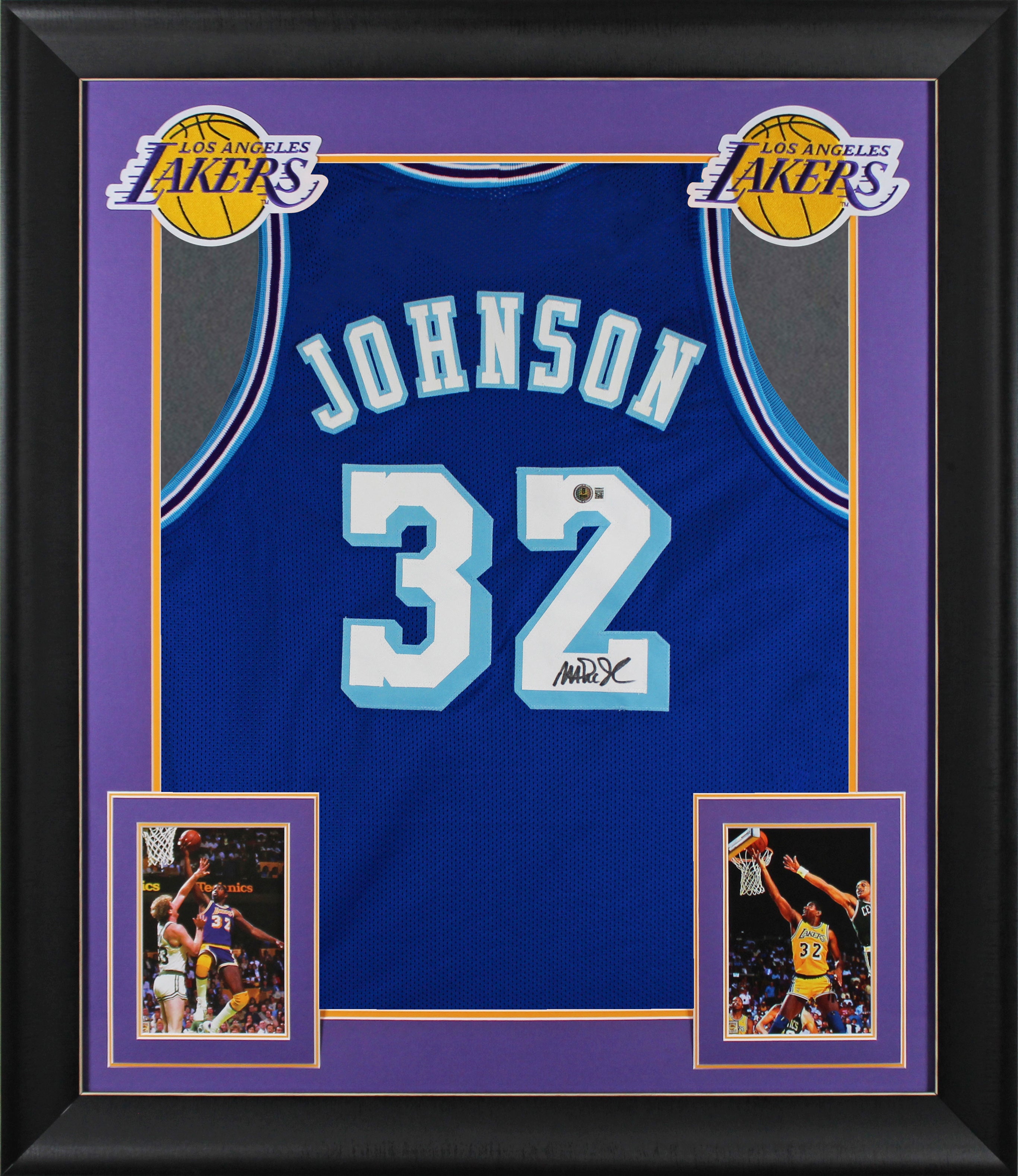 Magic Johnson Signed Blue Throwback Pro Style Framed Jersey BAS Witnessed 2