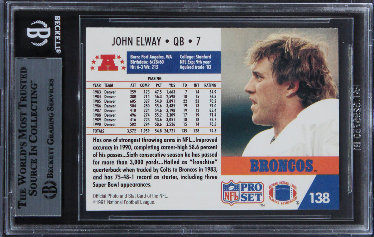 Broncos John Elway Authentic Signed 1991 Pro Set #138 Card BAS Slabbed
