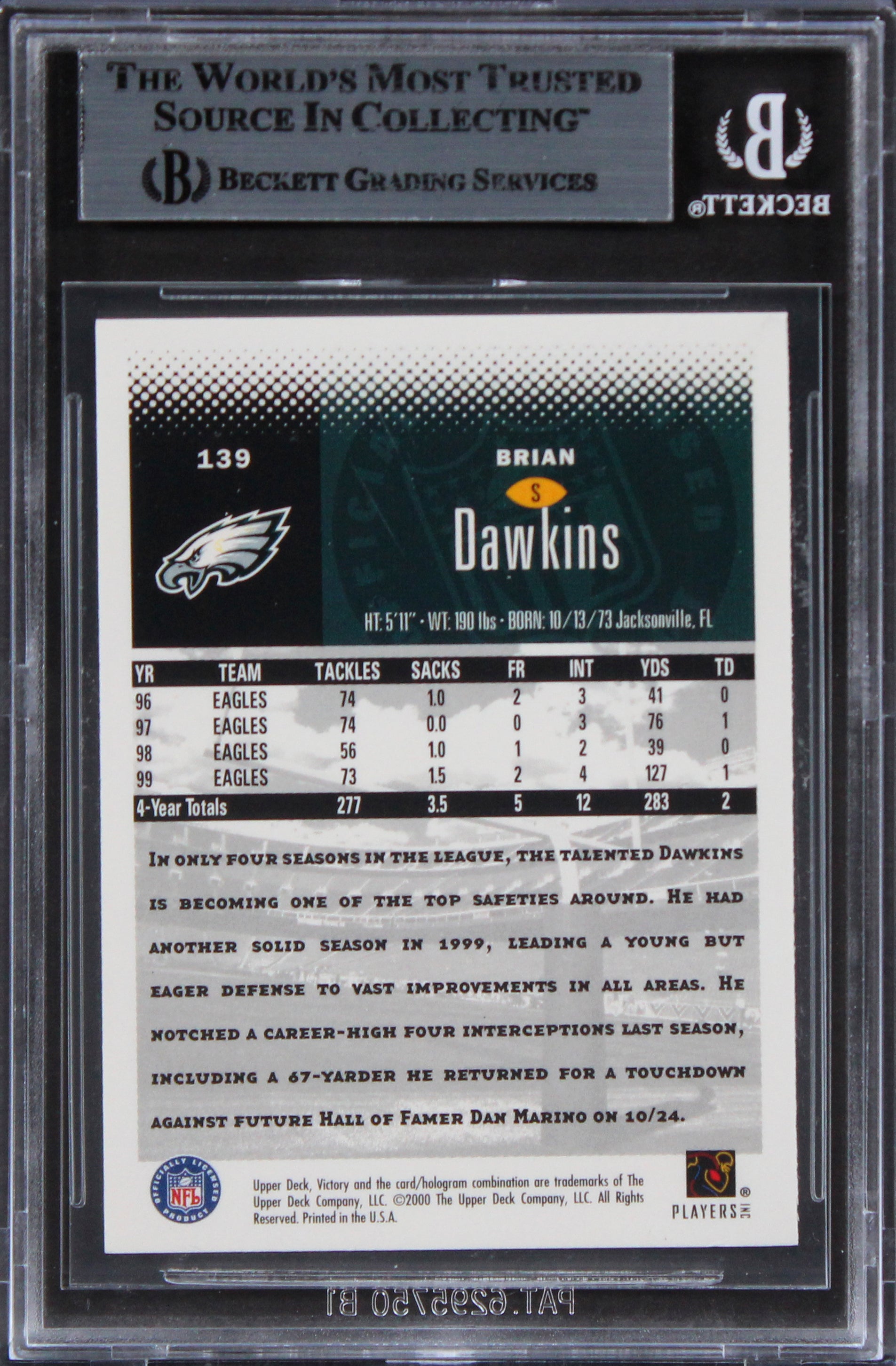 Eagles Brian Dawkins Signed 2000 Upper Deck Victory #139 Card BAS Slabbed