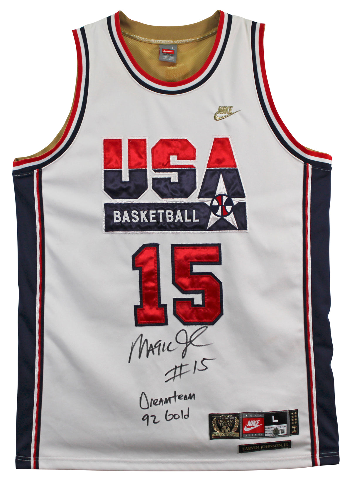 Magic Johnson "#15 Dream Team 92 Gold" Signed White Nike Team USA Jersey BAS W