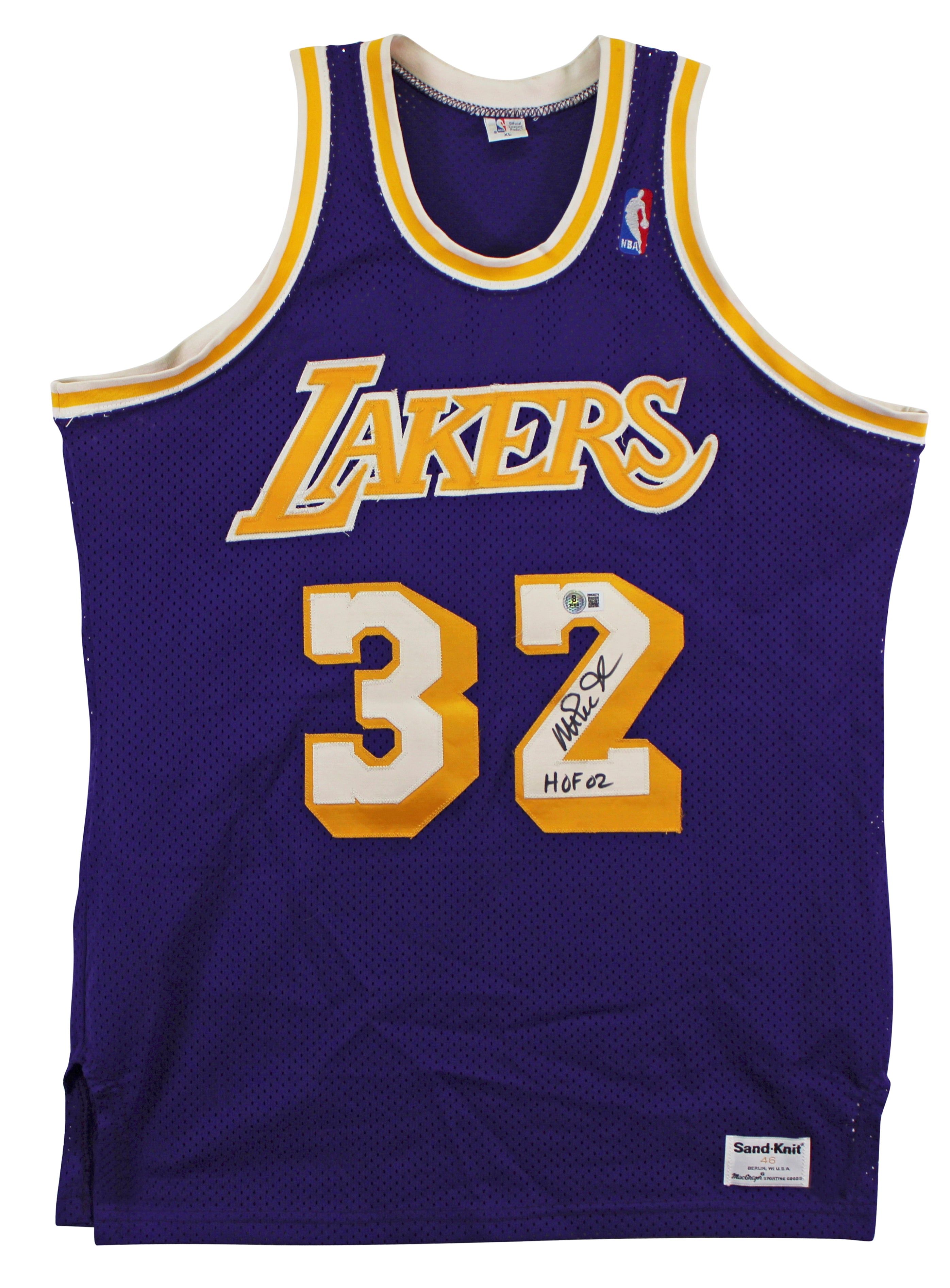 Lakers Magic Johnson "HOF 02" Signed Purple MacGregor Sand-Knit Jersey BAS Wit