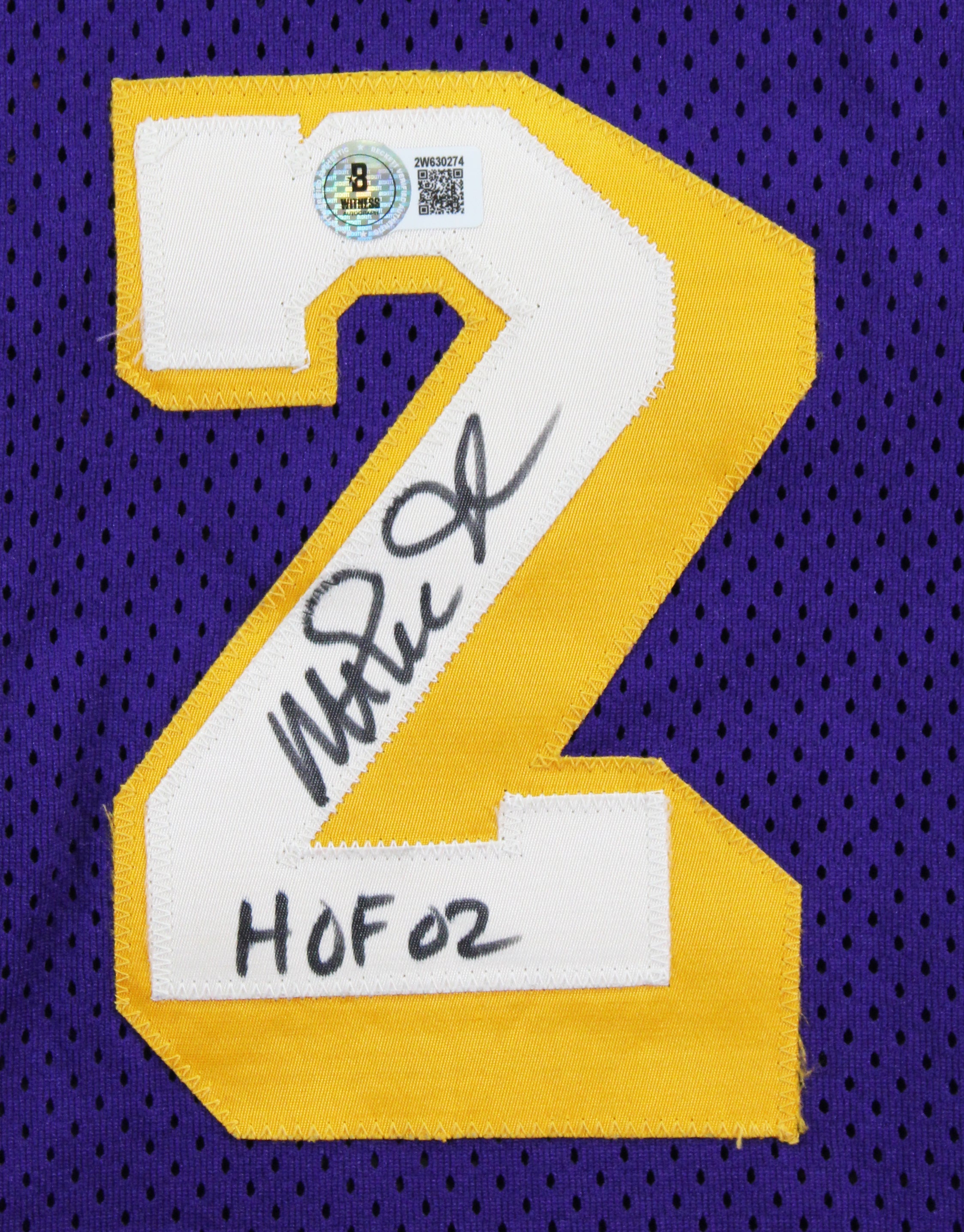 Lakers Magic Johnson "HOF 02" Signed Purple MacGregor Sand-Knit Jersey BAS Wit