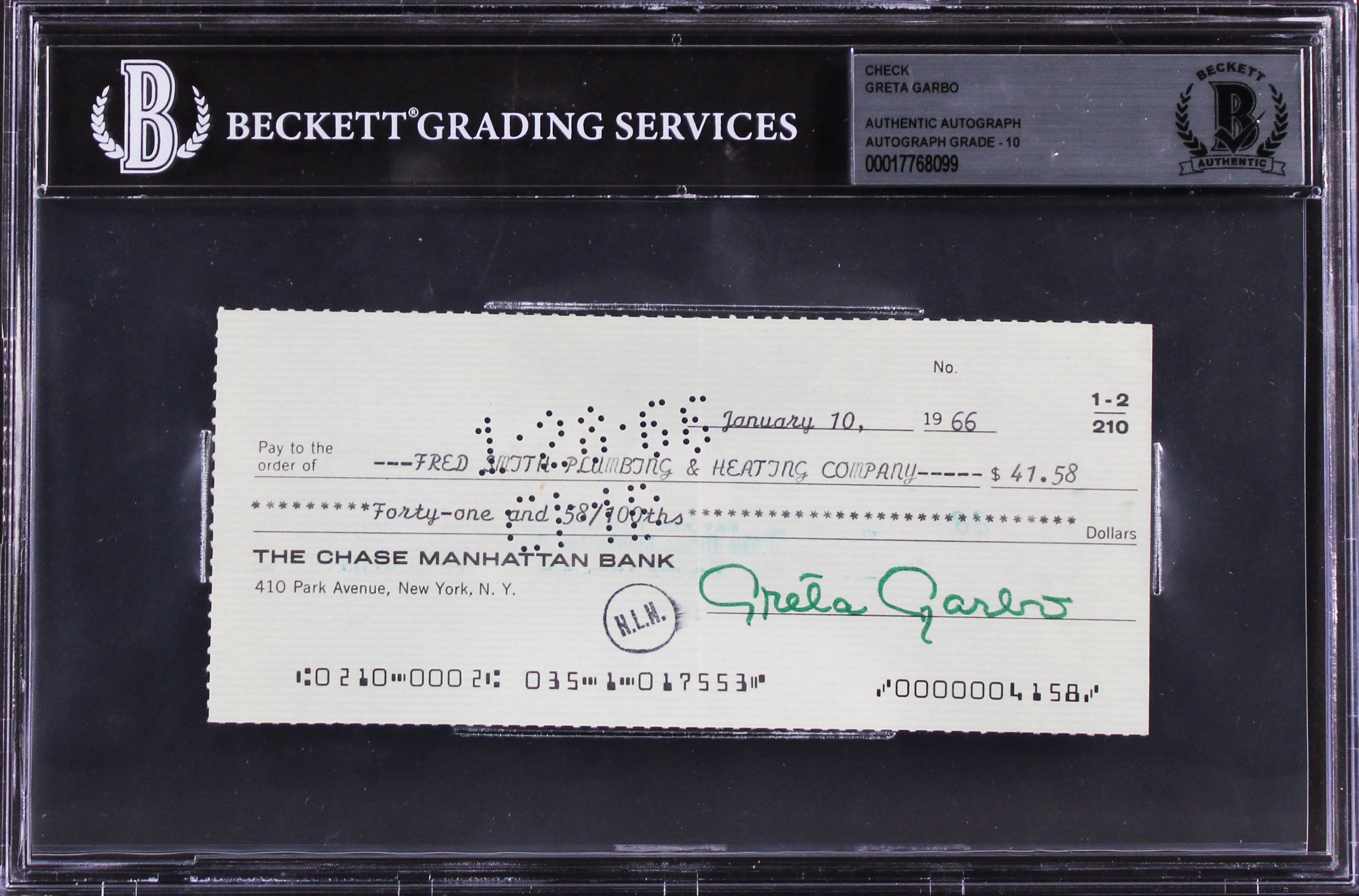 Greta Garbo Authentic Signed 2.75x6.25 1966 Personal Check Auto 10! BAS Slabbed
