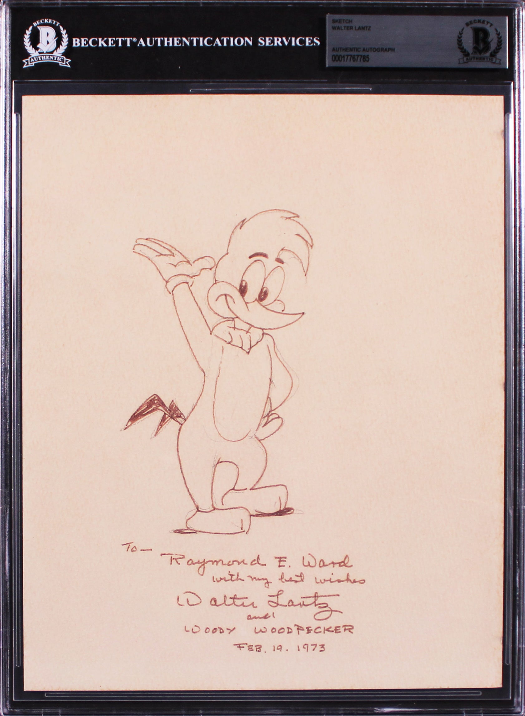 Walter Lantz Authentic Signed 8x10 Woody Woodpecker Sketch BAS Slabbed