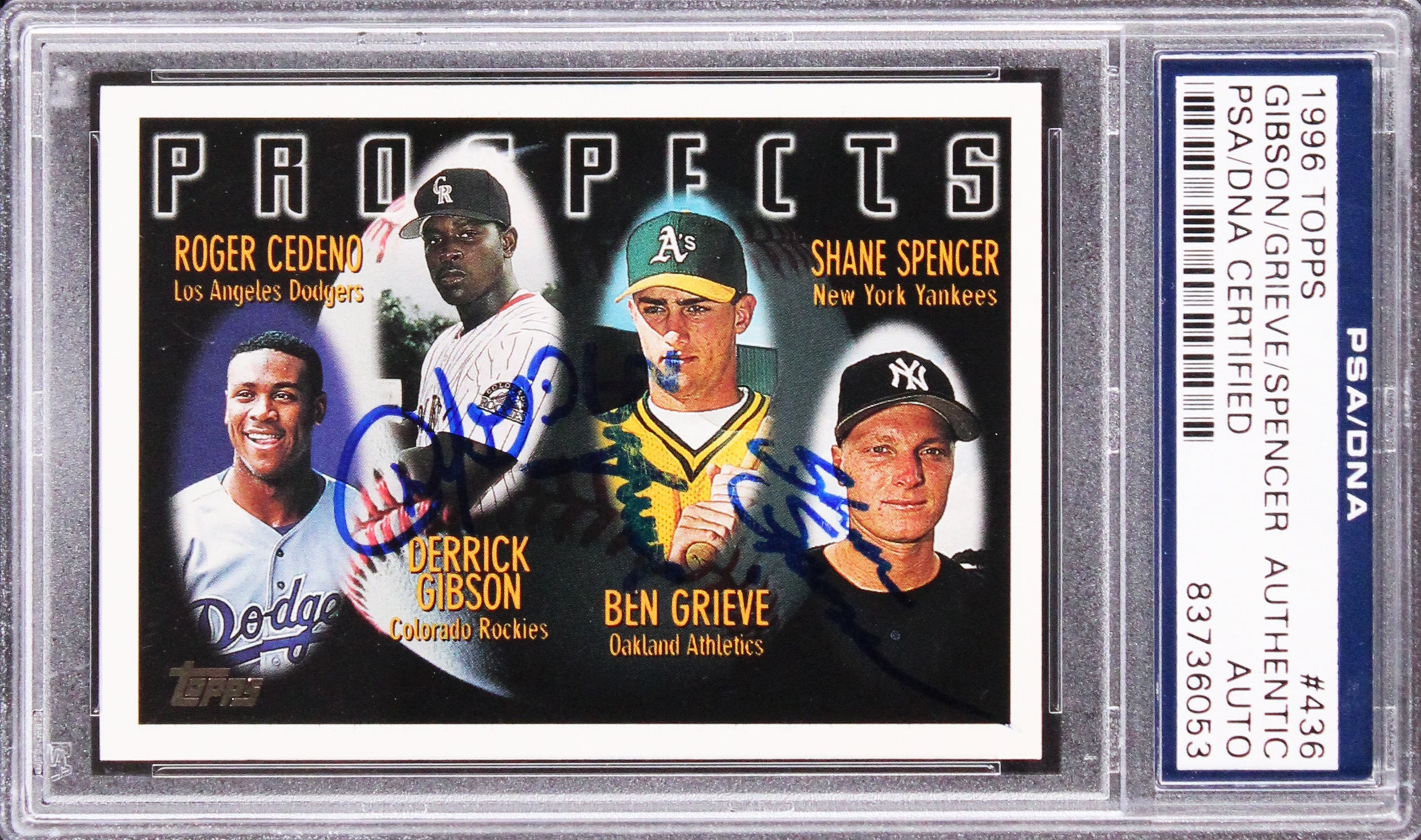 Shane Spencer, Ben Grieve & Derrick Gibson Signed 1996 Topps #436 Card PSA Slab