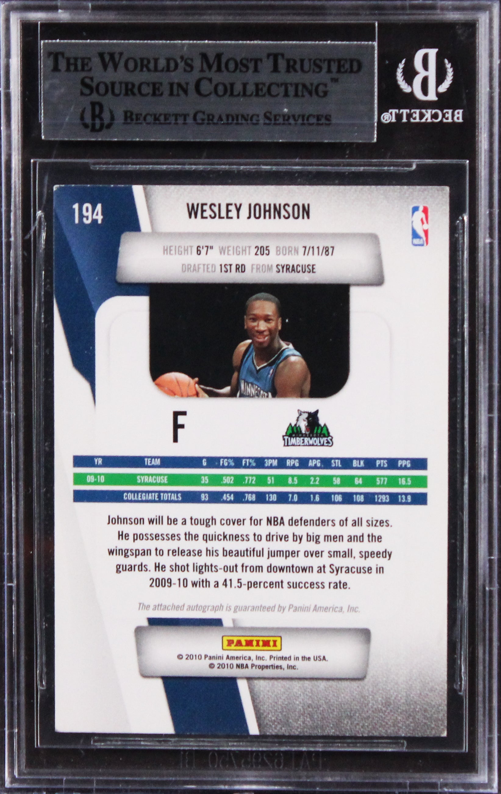 Timberwolves Wesley Johnson Authentic Signed 2010 Prestige #194 Card BAS Slab