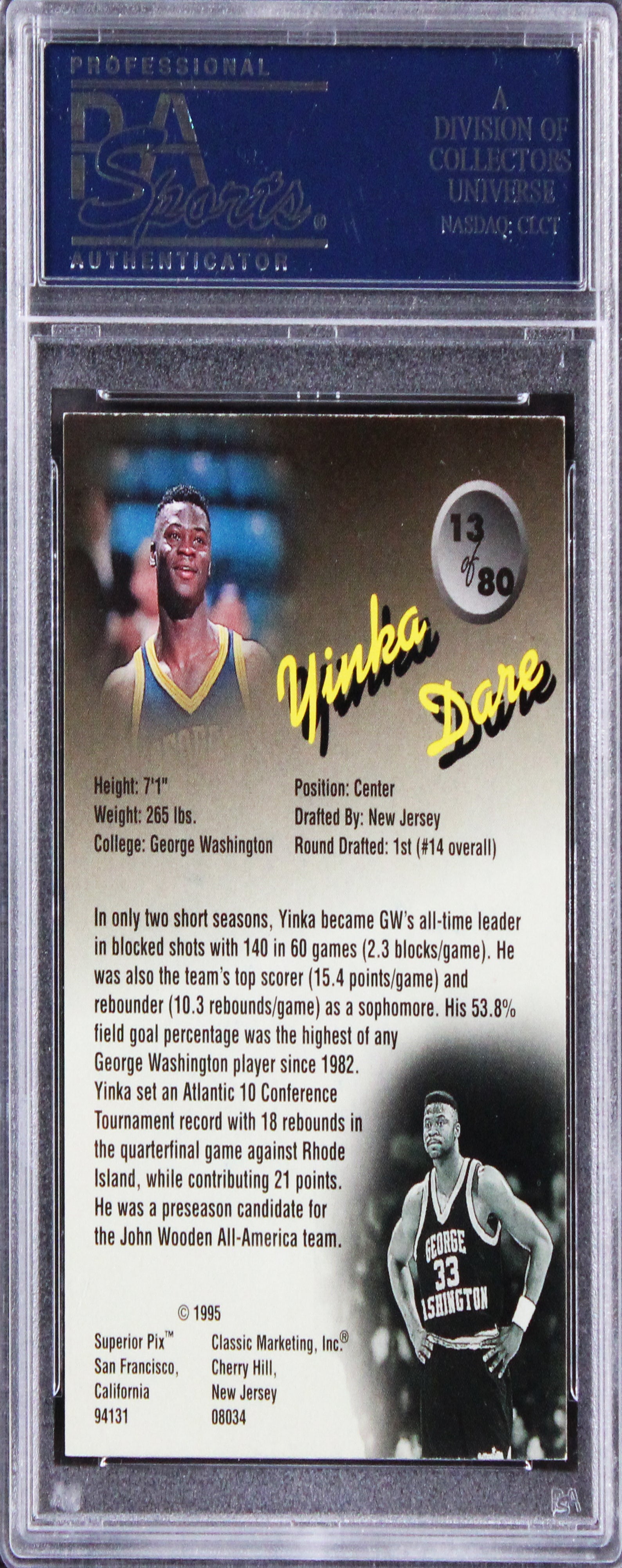 Nets Yinka Dare Authentic Signed 1995 Superior Pix #13 Card Autographed PSA Slab