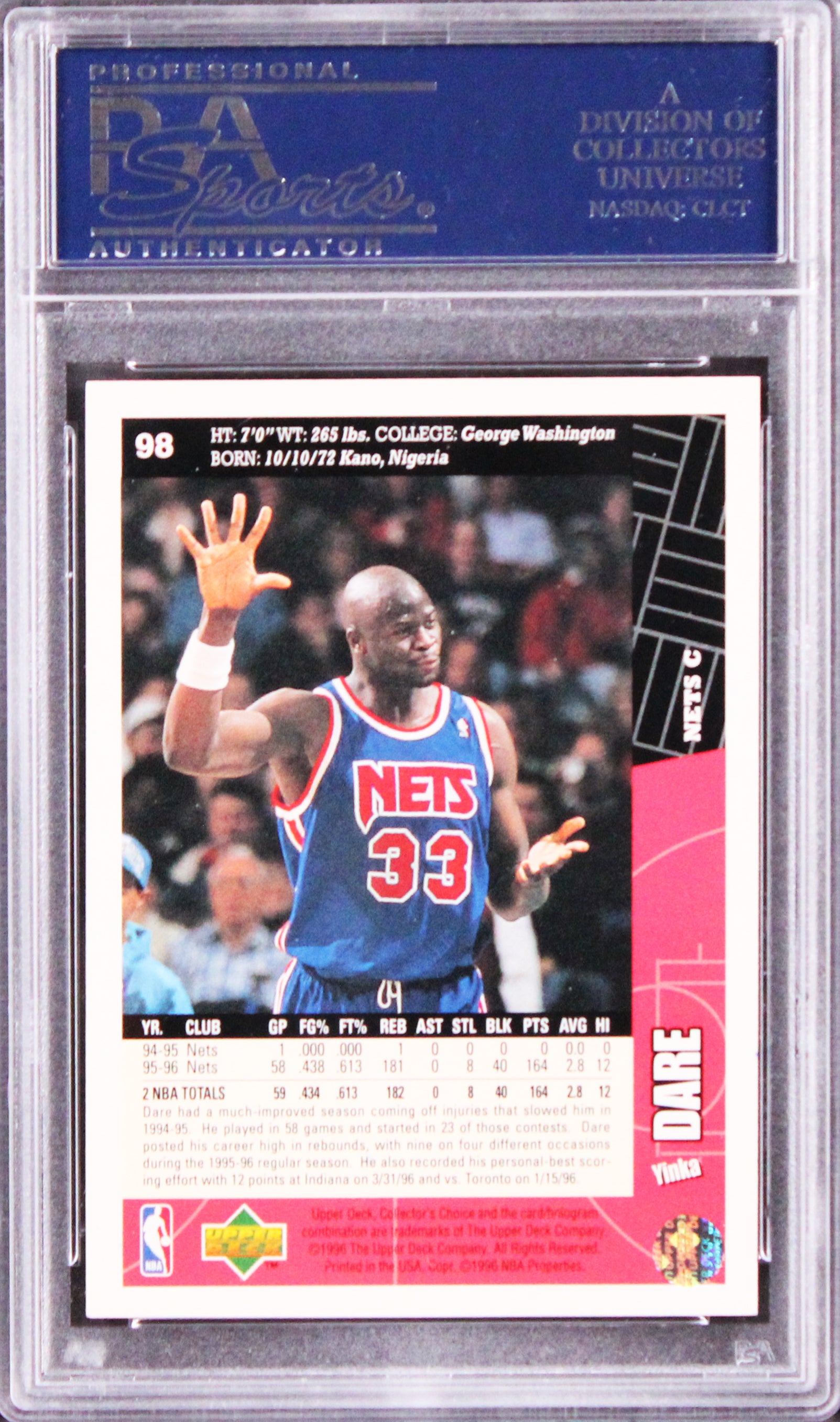 Nets Yinka Dare Authentic Signed 1996 Collectors Choice #98 Card PSA/DNA Slabbed