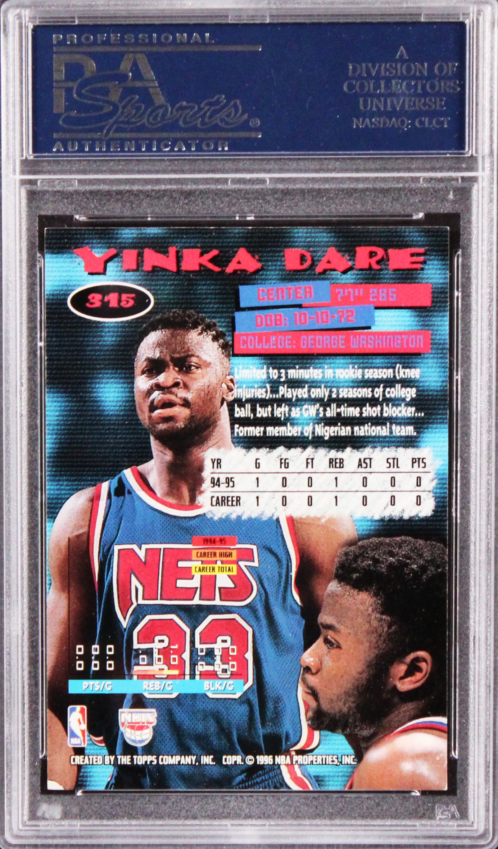 Nets Yinka Dare Authentic Signed 1995 Stadium Club #315 Card PSA Slabbed