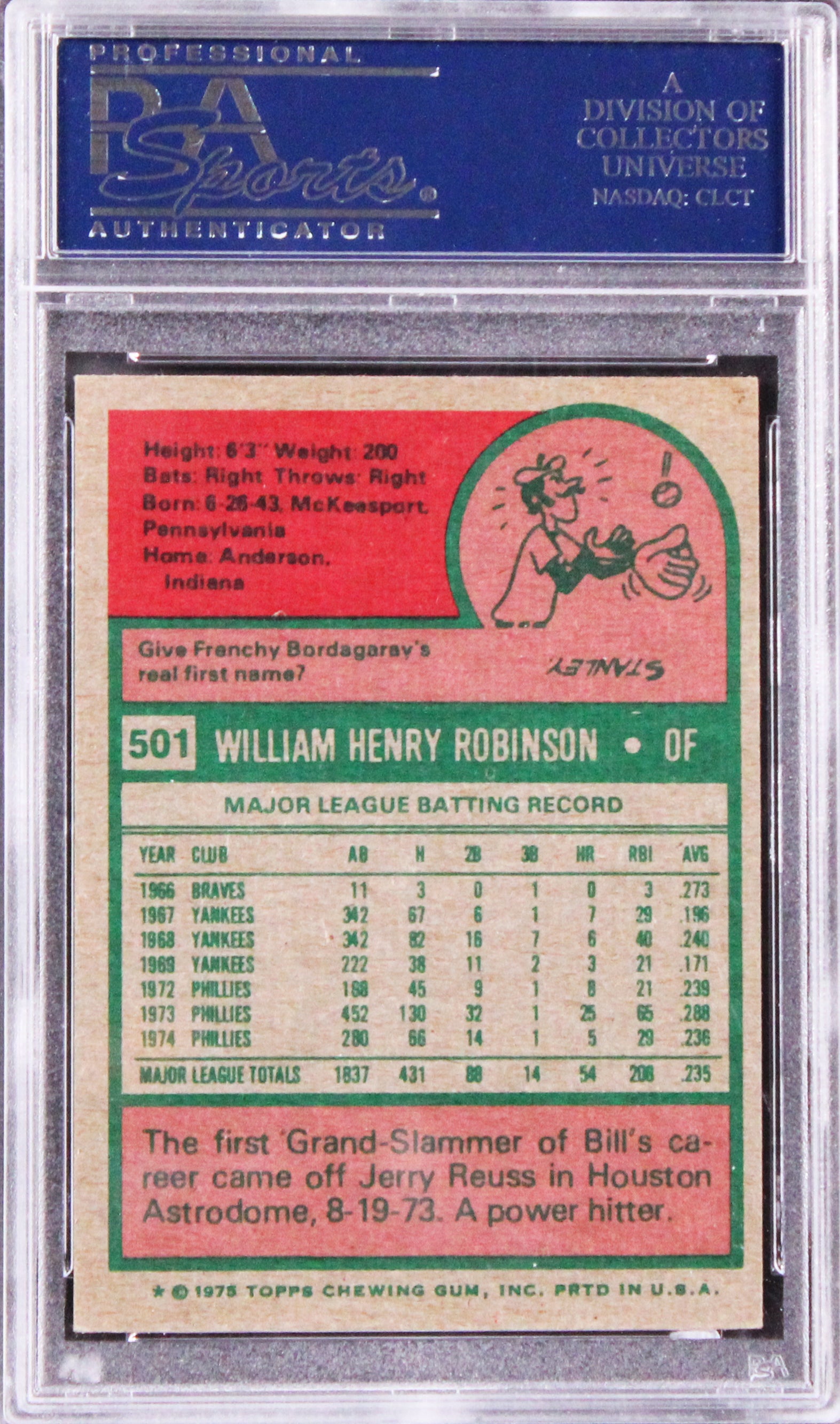 Phillies Bill Robinson Authentic Signed 1975 Topps #501 Card PSA/DNA Slabbed