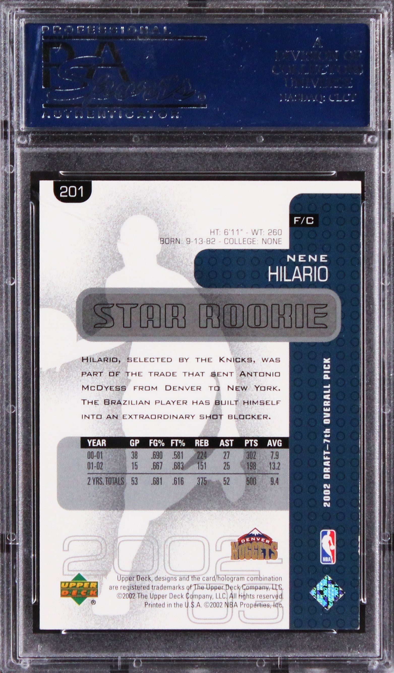 Nuggets Nene Hilario Authentic Signed 2002 Upper Deck #201 Rookie Card PSA Slab