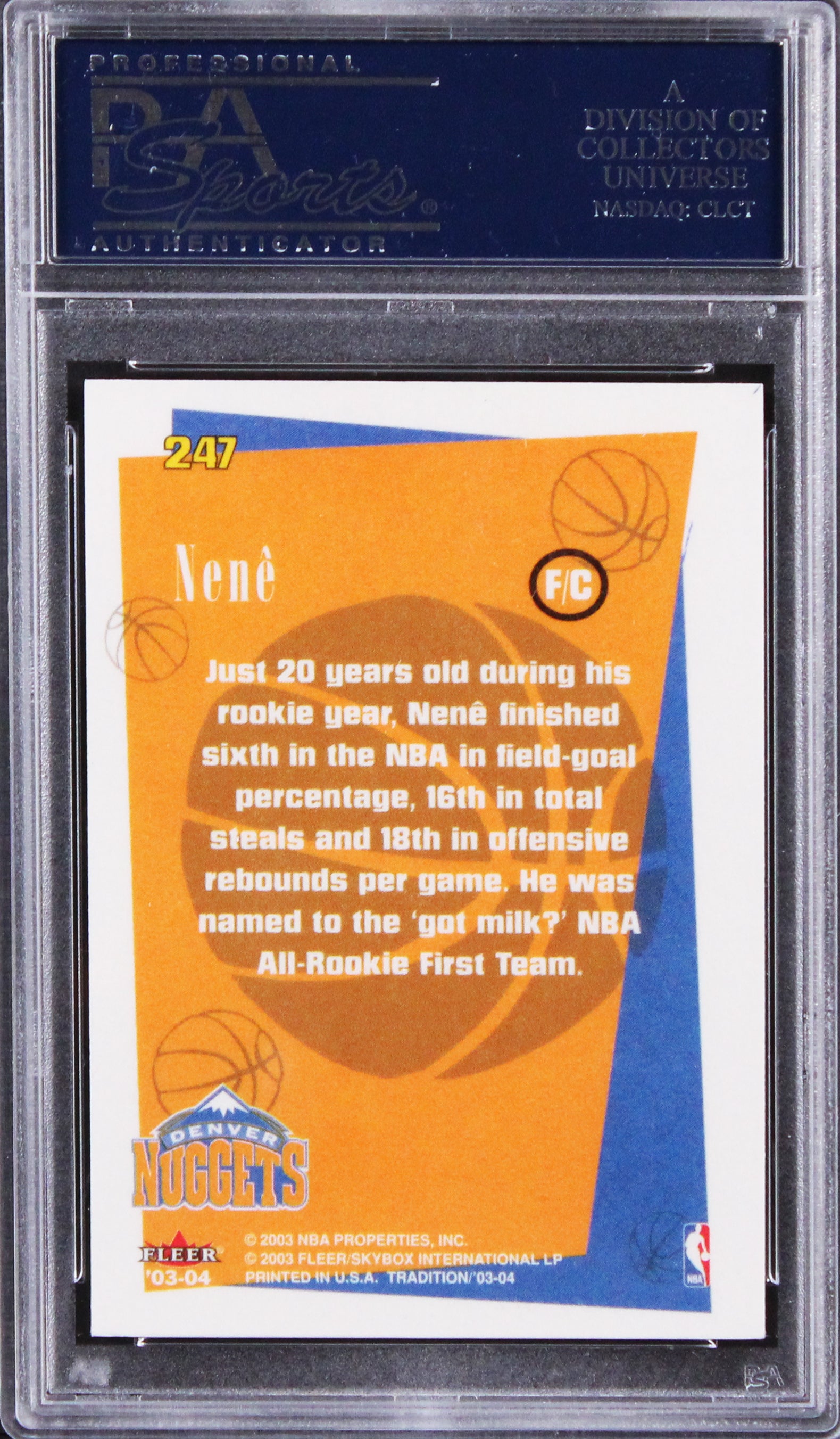 Nuggets Nene Hilario Authentic Signed 2003 Fleer #247 Rookie Card PSA/DNA Slab