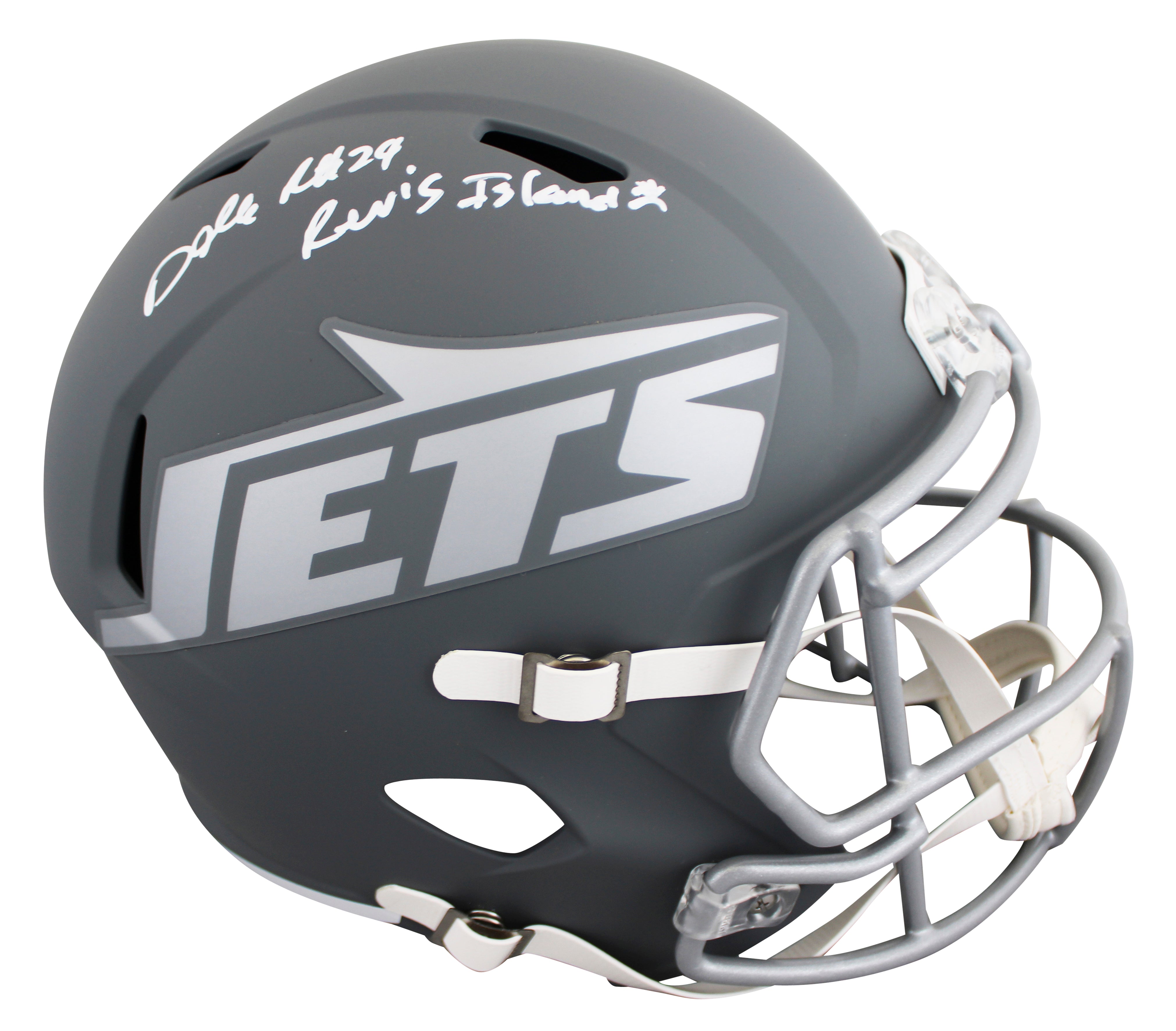 Jets Darrelle Revis "Revis Island" Signed Slate F/S Speed Rep Helmet BAS BW88737