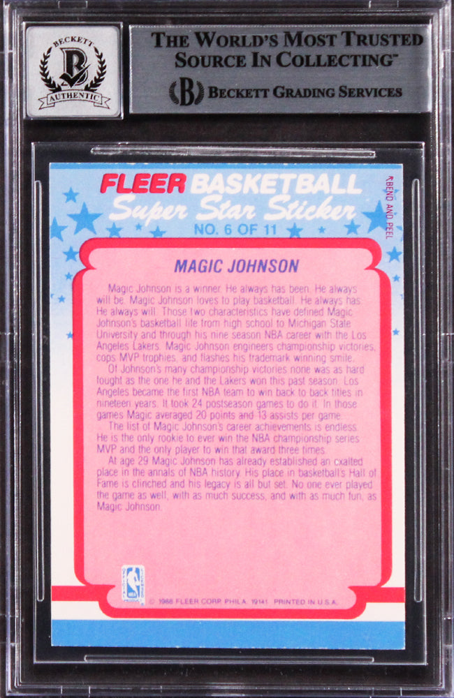Lakers Magic Johnson Signed 1988 Fleer Stickers #6 Card Auto 10! BAS Slabbed 2