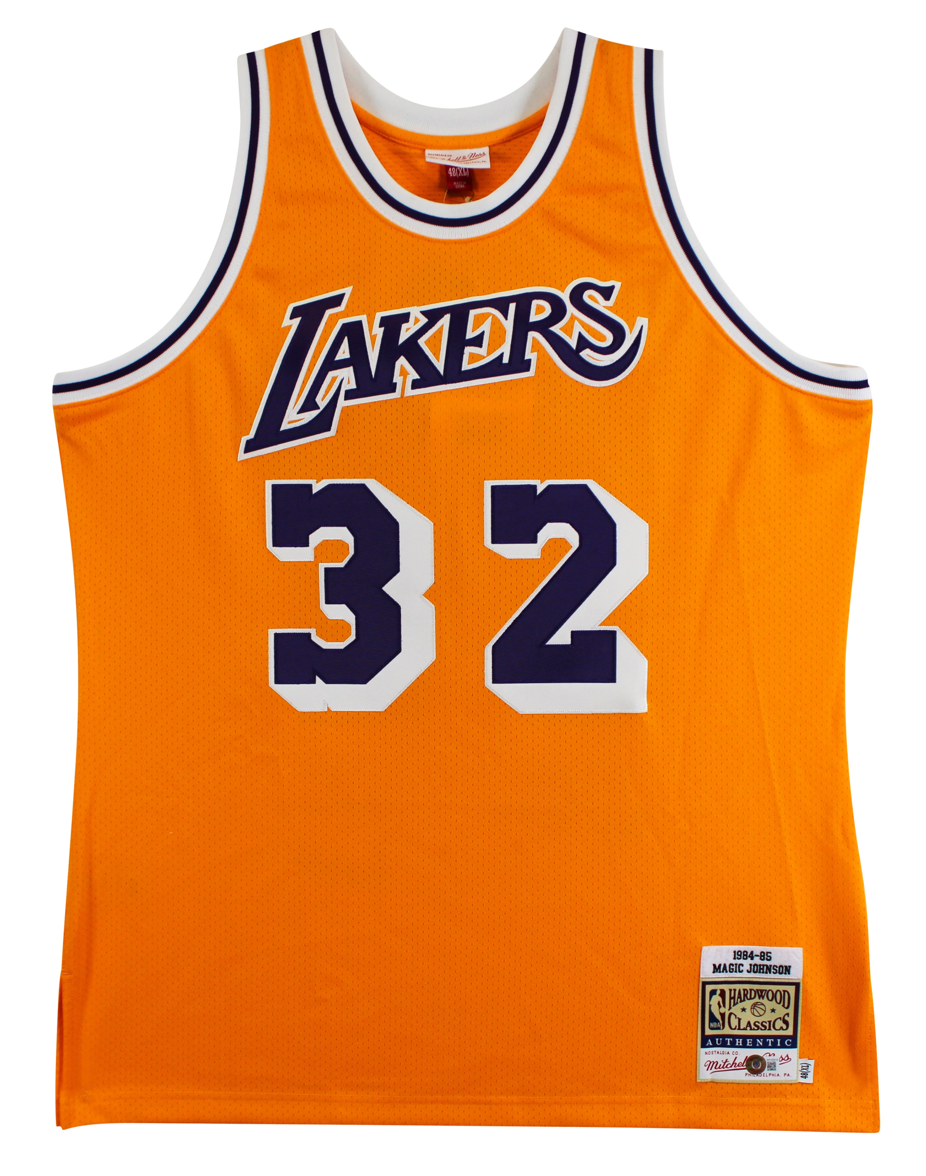 Showtime Lakers (6) Johnson, Worthy +4 Signed Yellow M&N Authentic Jersey BAS W