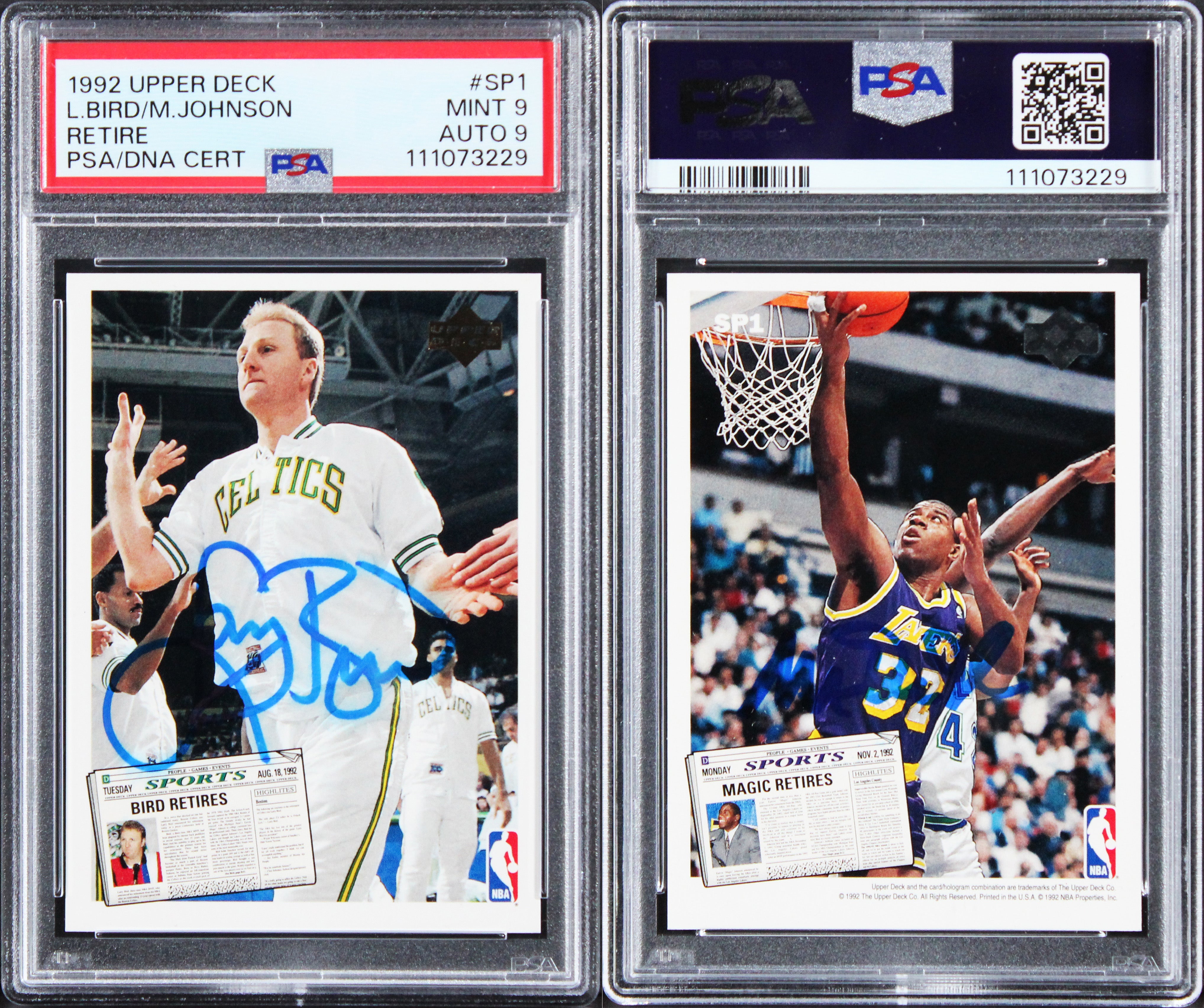 Larry Bird & Magic Johnson Signed 1992 Upper Deck #SP1 Card 9! Auto 10! PSA Slab