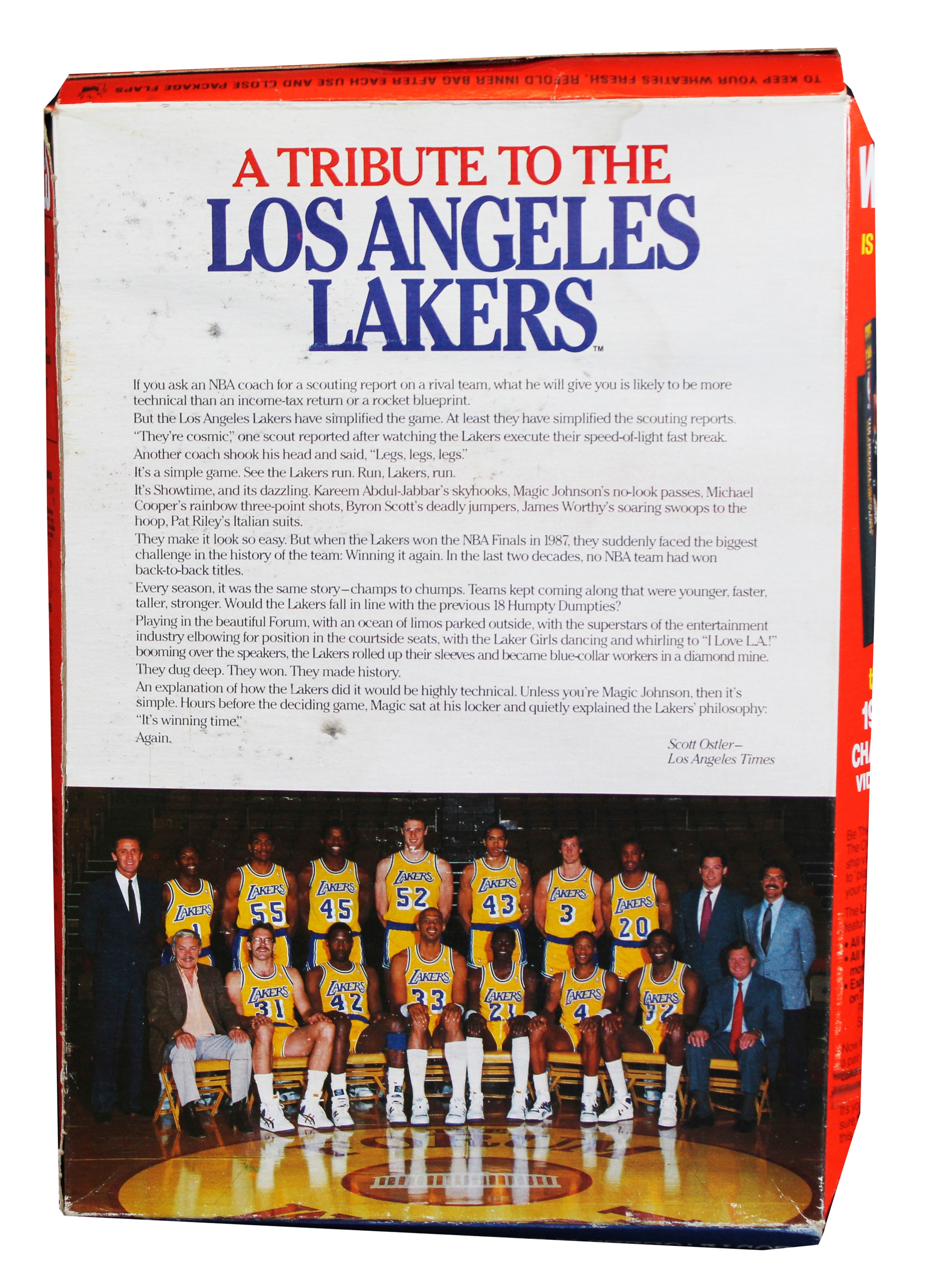 Showtime Lakers (5) Johnson, Worthy, Thompson +2 Signed 1987-88 Wheaties Box BAS