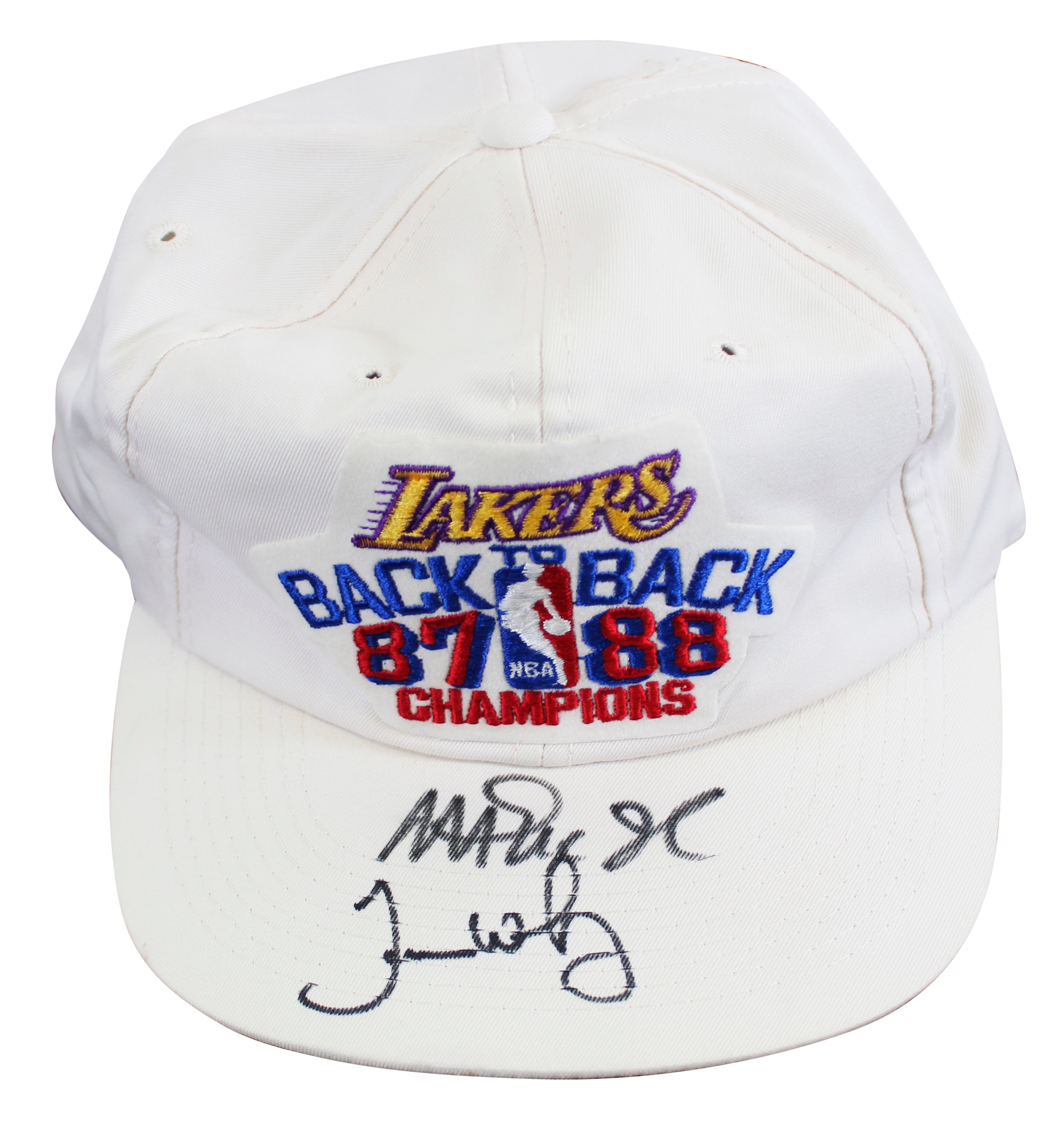 Lakers Magic Johnson & James Worthy Signed 1987-88 NBA Champs Hat BAS W #W426874