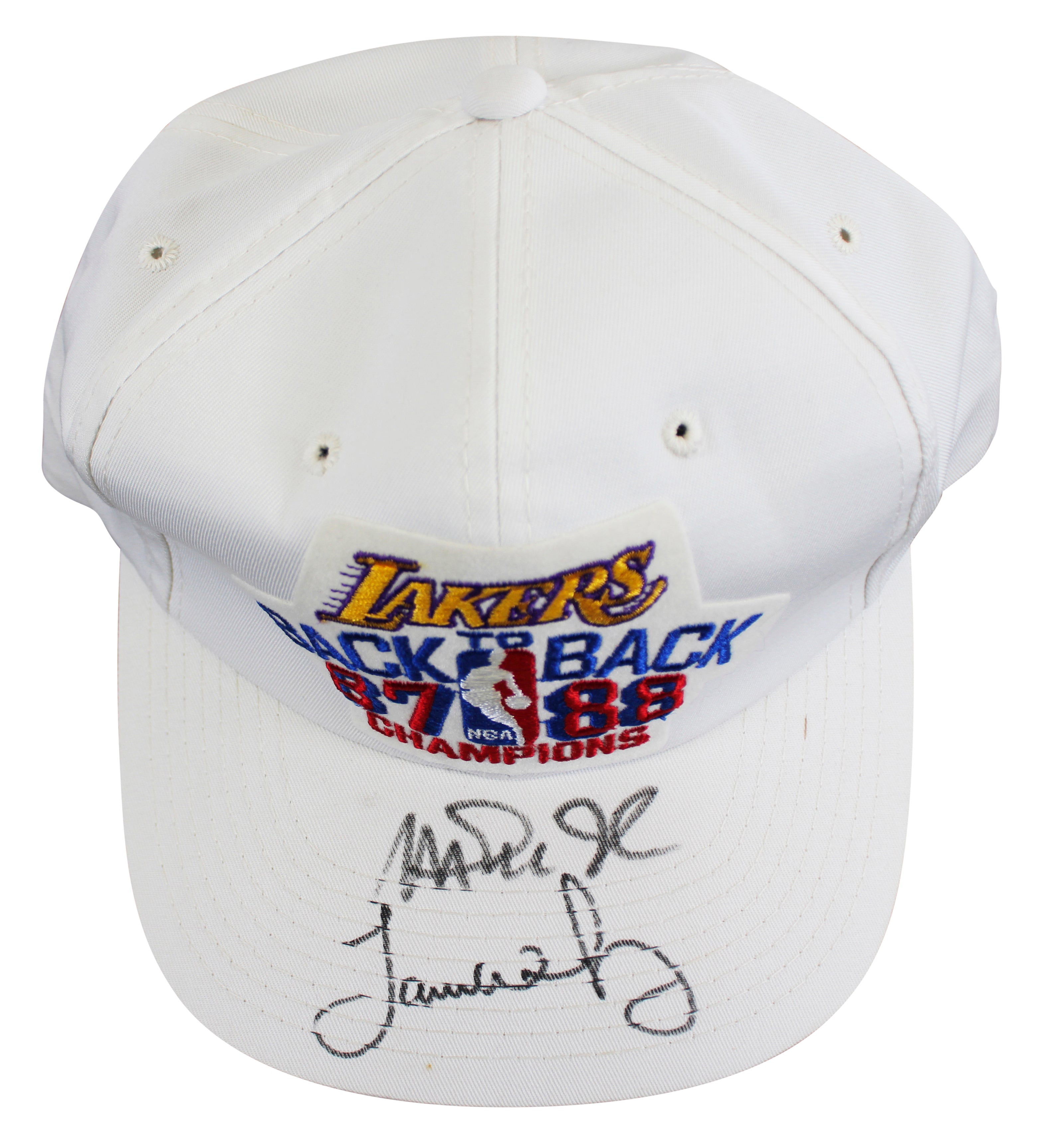 Lakers Magic Johnson & James Worthy Signed 1987-88 NBA Champs Hat BAS W #W426872