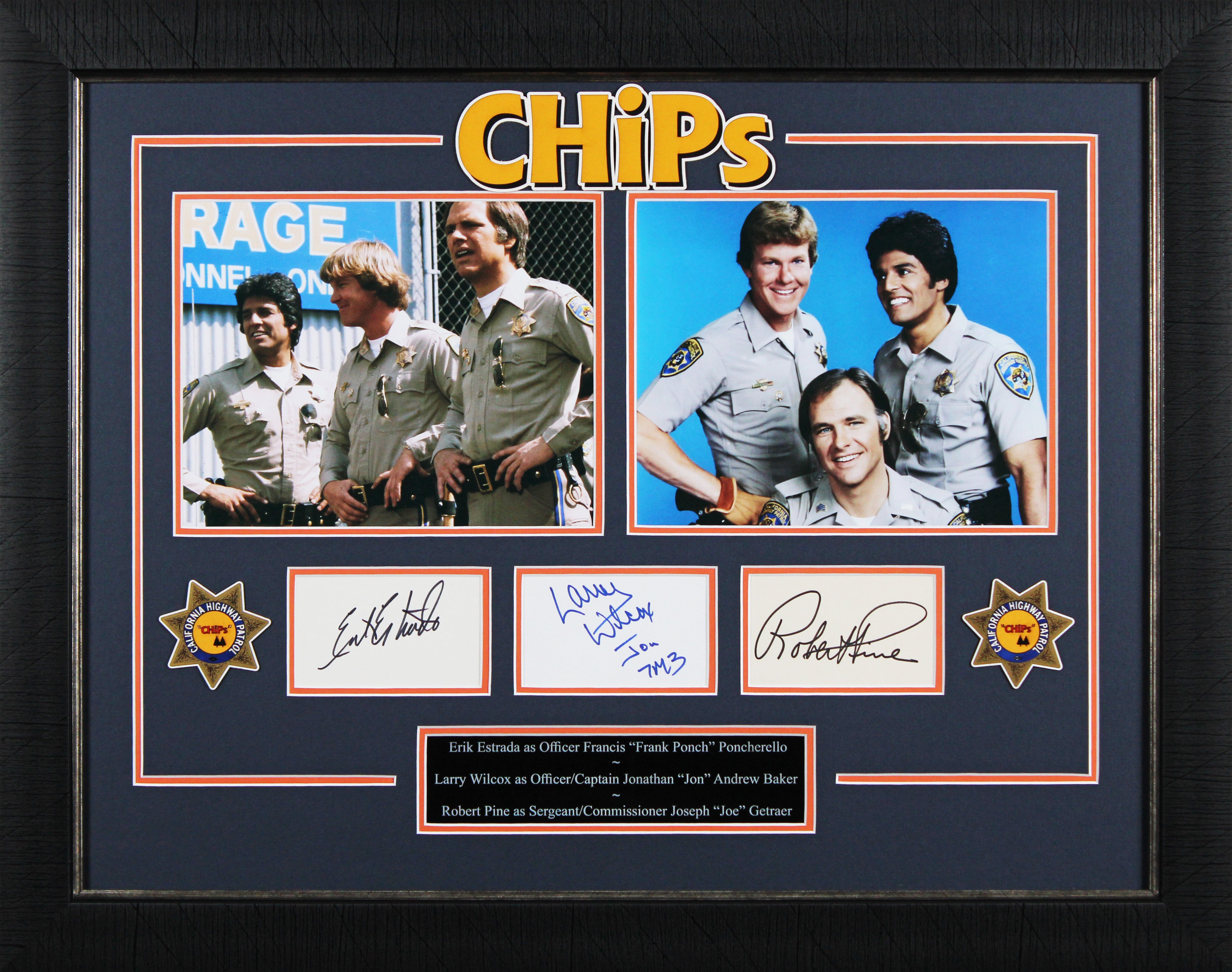 CHiPS (3) Estrada, Wilcox & Pine Signed 3x5 Index Card Framed Display BAS