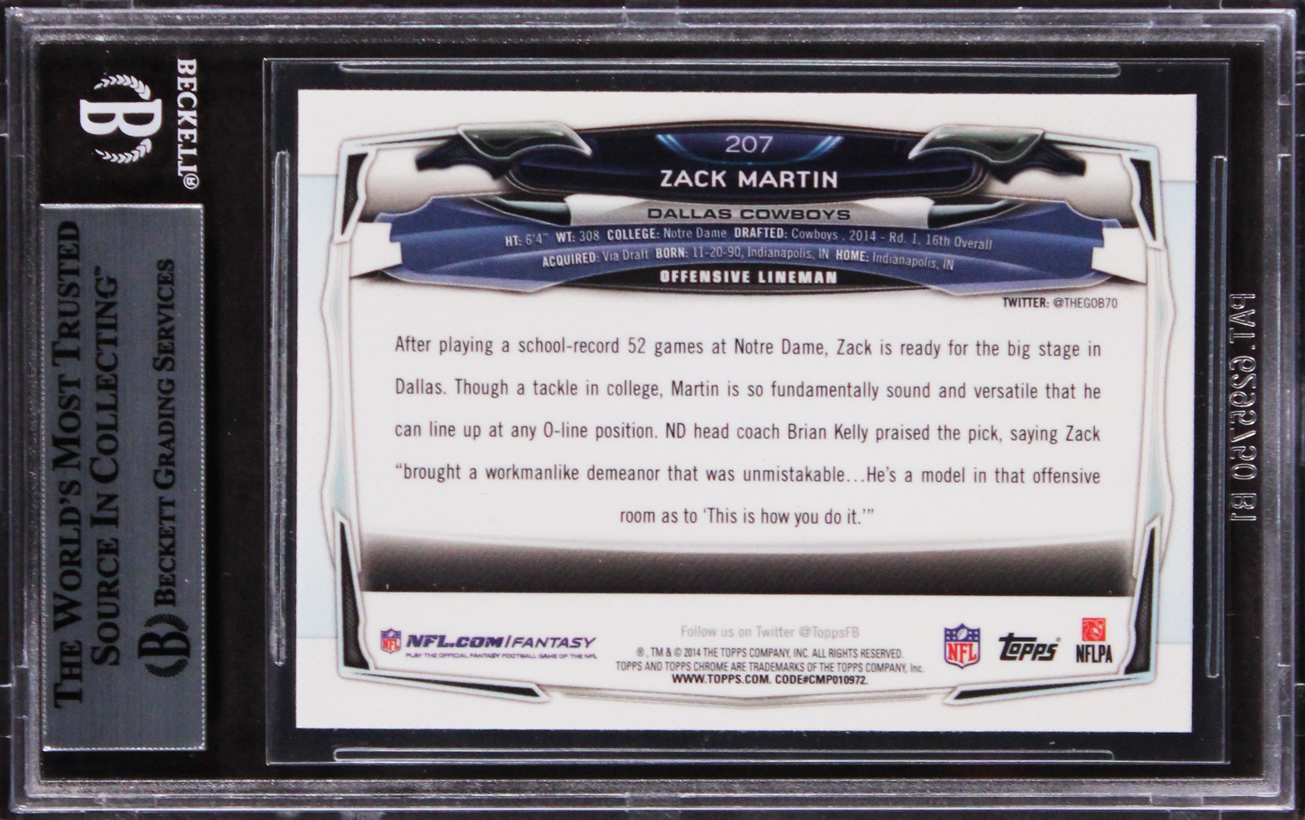 Cowboys Zack Martin Signed 2014 Topps Chrome #207 Rookie Card BAS Slabbed