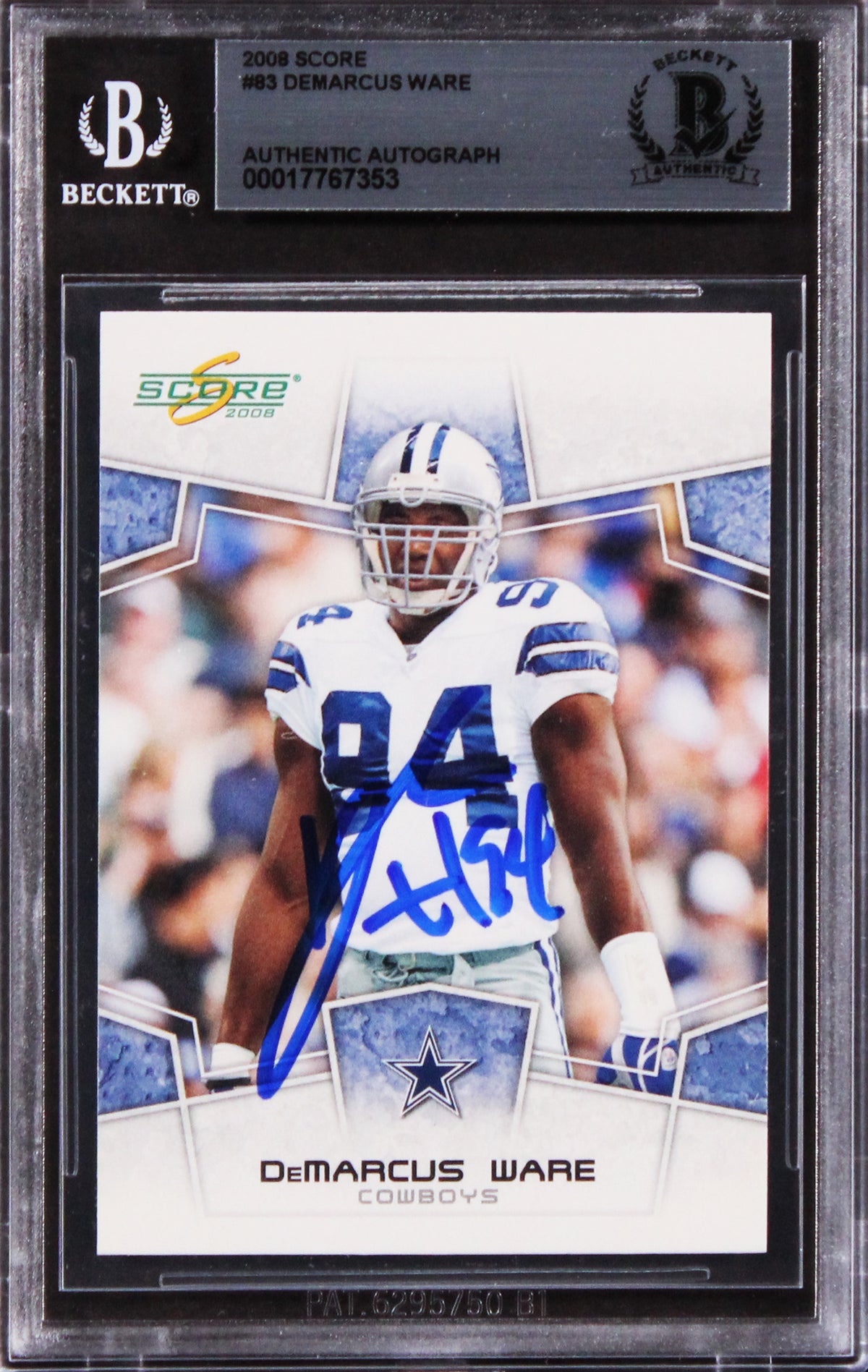 Cowboys Demarcus Ware Authentic Signed 2008 Score #83 Card BAS Slabbed