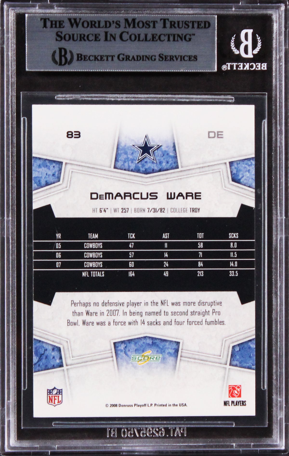 Cowboys Demarcus Ware Authentic Signed 2008 Score #83 Card BAS Slabbed