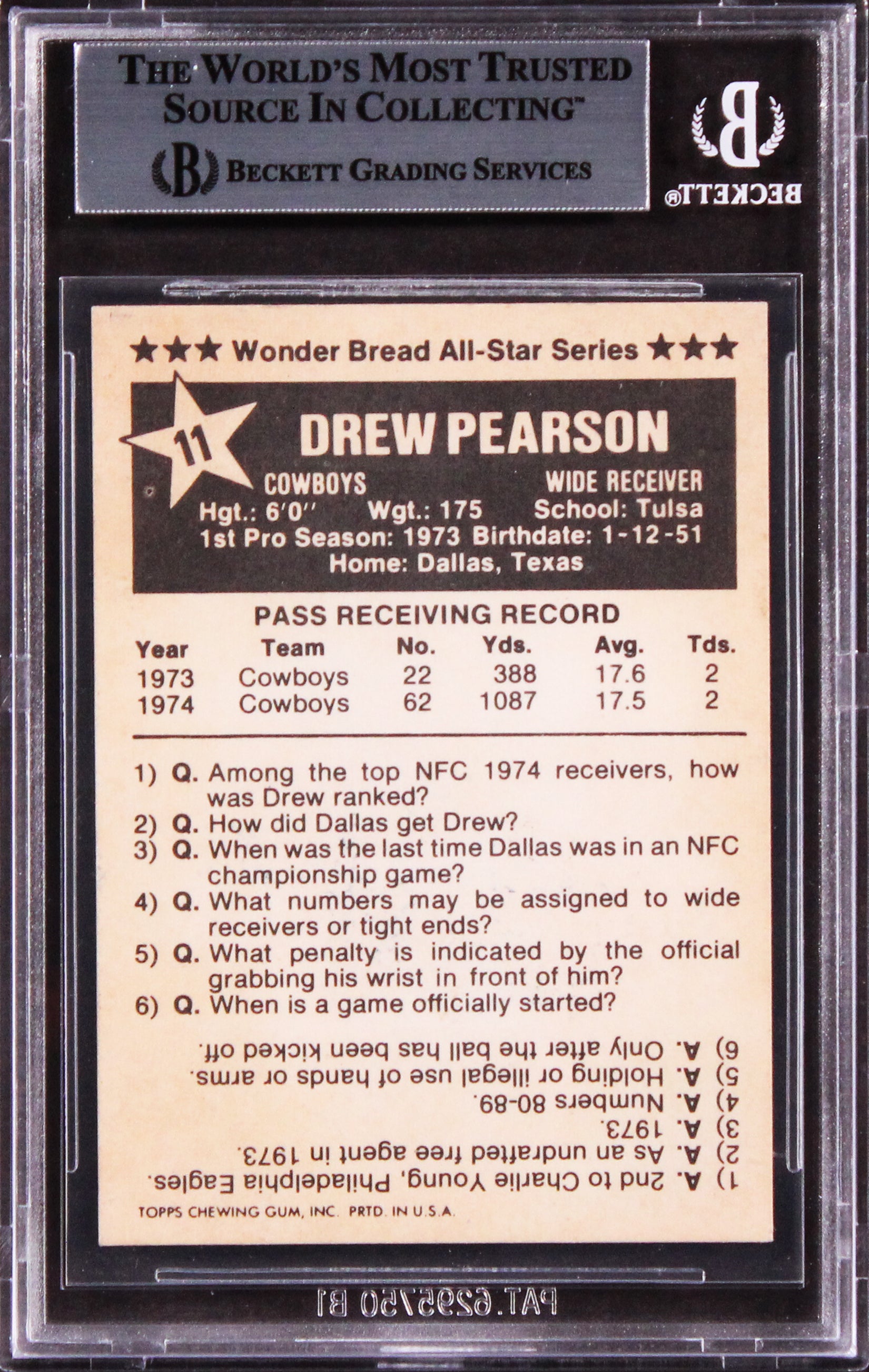 Cowboys Drew Pearson "HOF 21" Signed 1975 Wonder Bread #11 Card BAS Slabbed 3