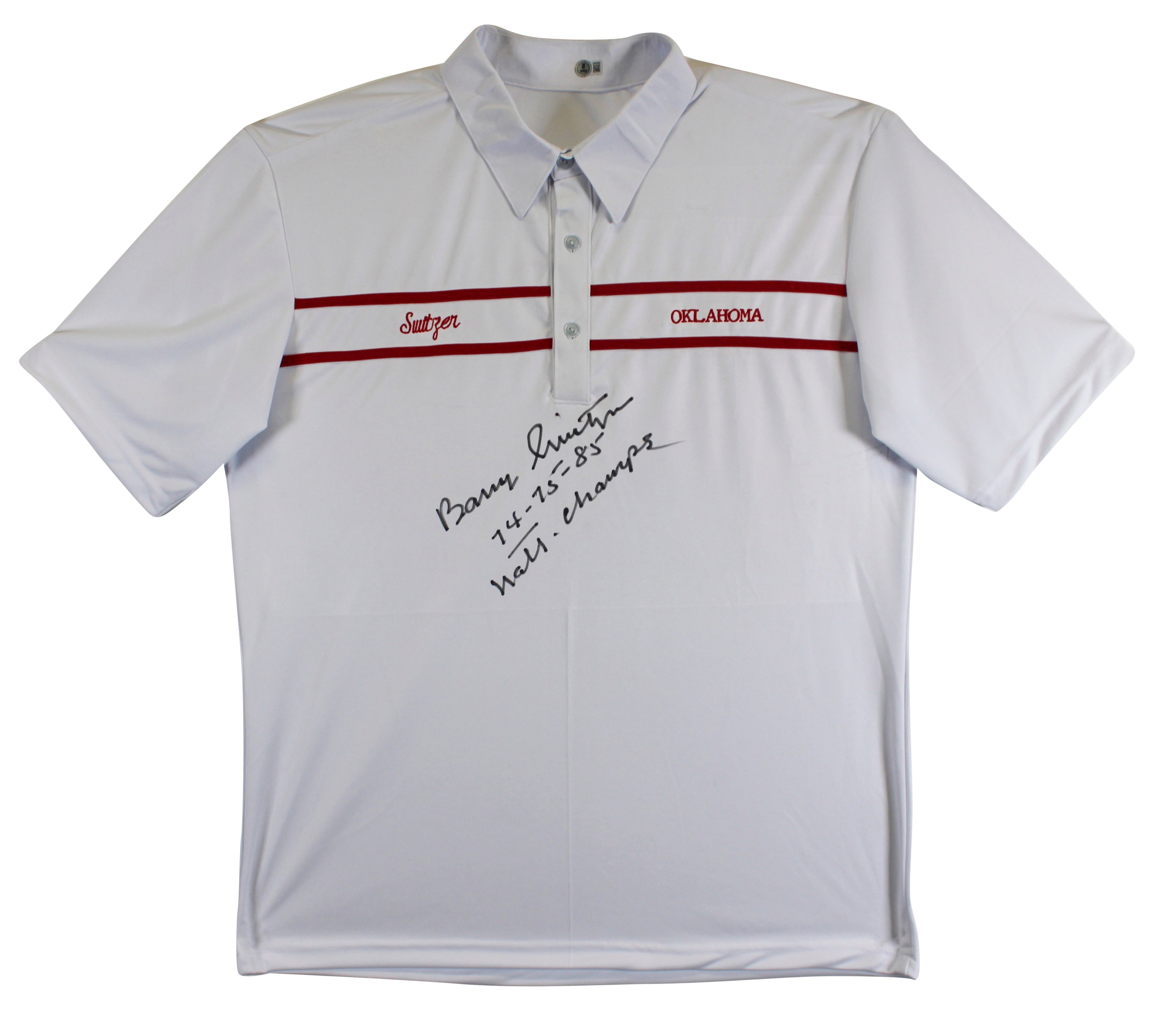 Oklahoma Barry Switzer "74-75-88 Natl Champs" Signed White Polo Shirt BAS Wit