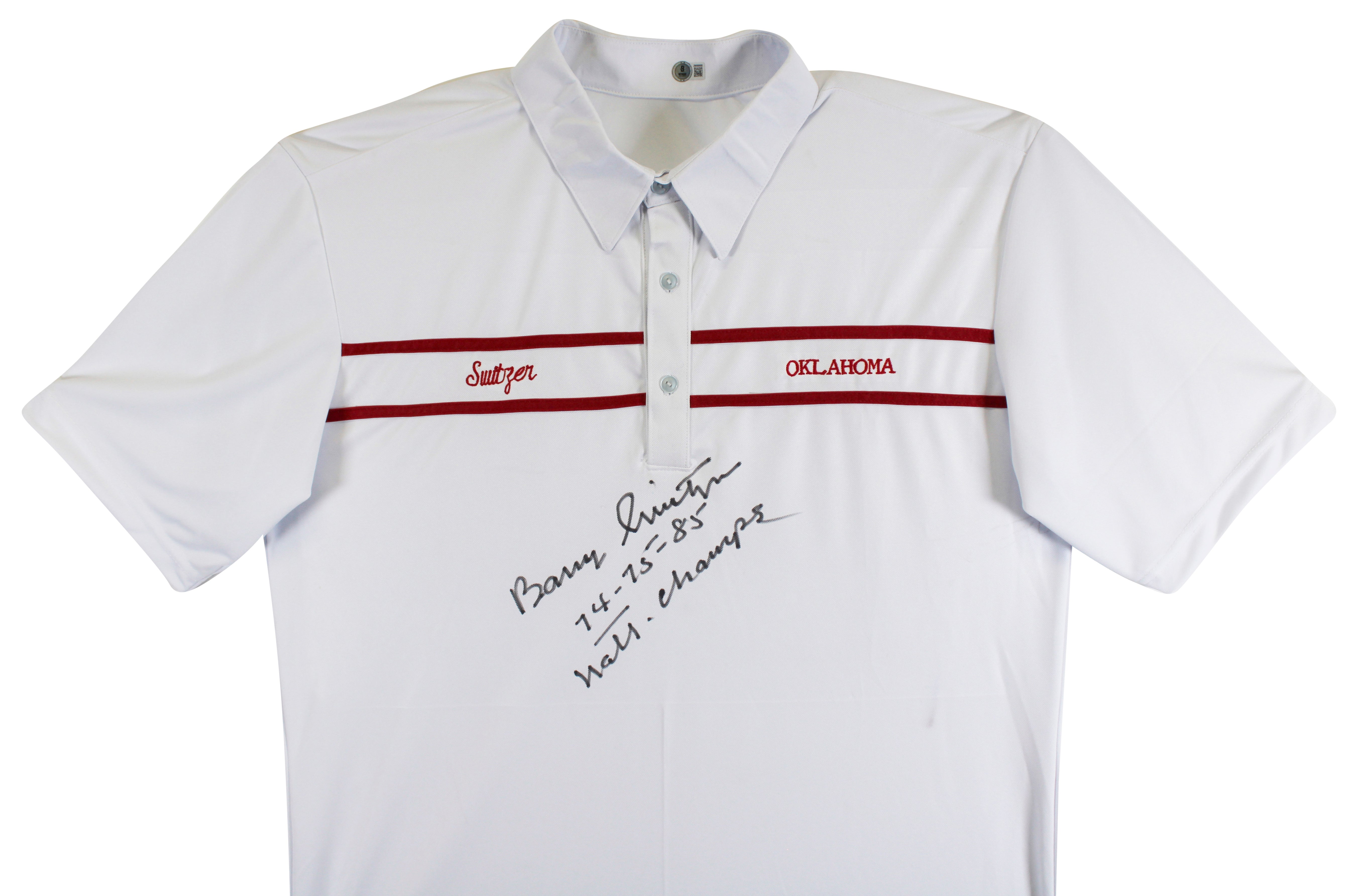 Oklahoma Barry Switzer "74-75-88 Natl Champs" Signed White Polo Shirt BAS Wit
