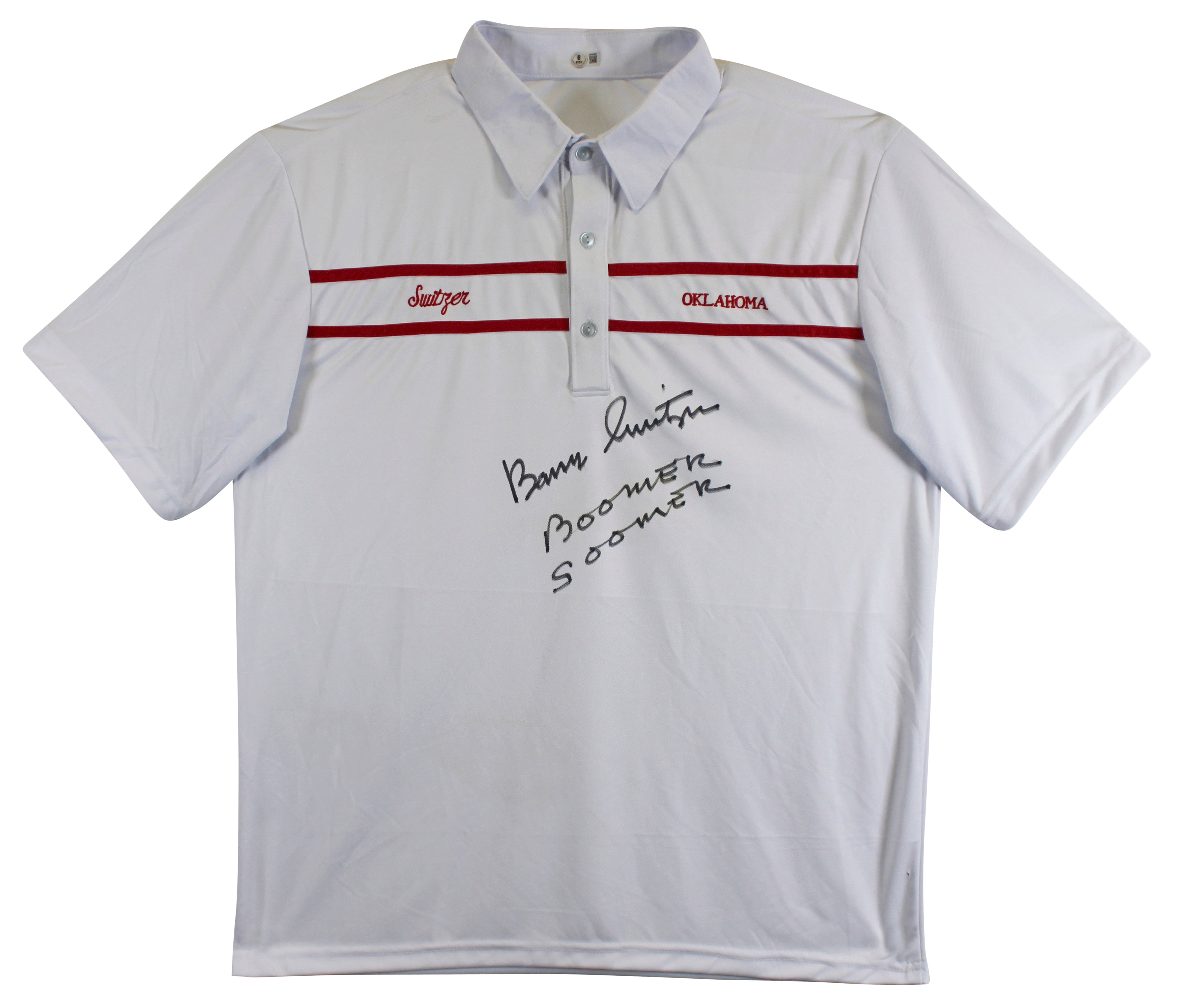 Oklahoma Barry Switzer "Boomer Sooner" Signed White Polo Shirt BAS Witnessed