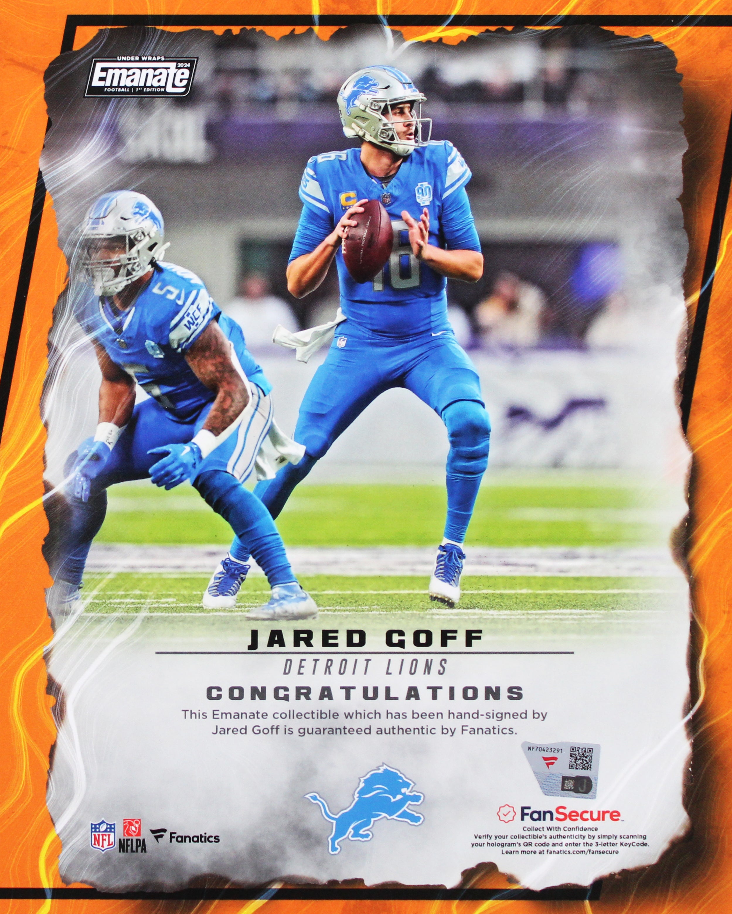 Lions Jared Goff Signed 8x10 2024 Emanate Under Wraps Orange 1st Ed. Photo FAN