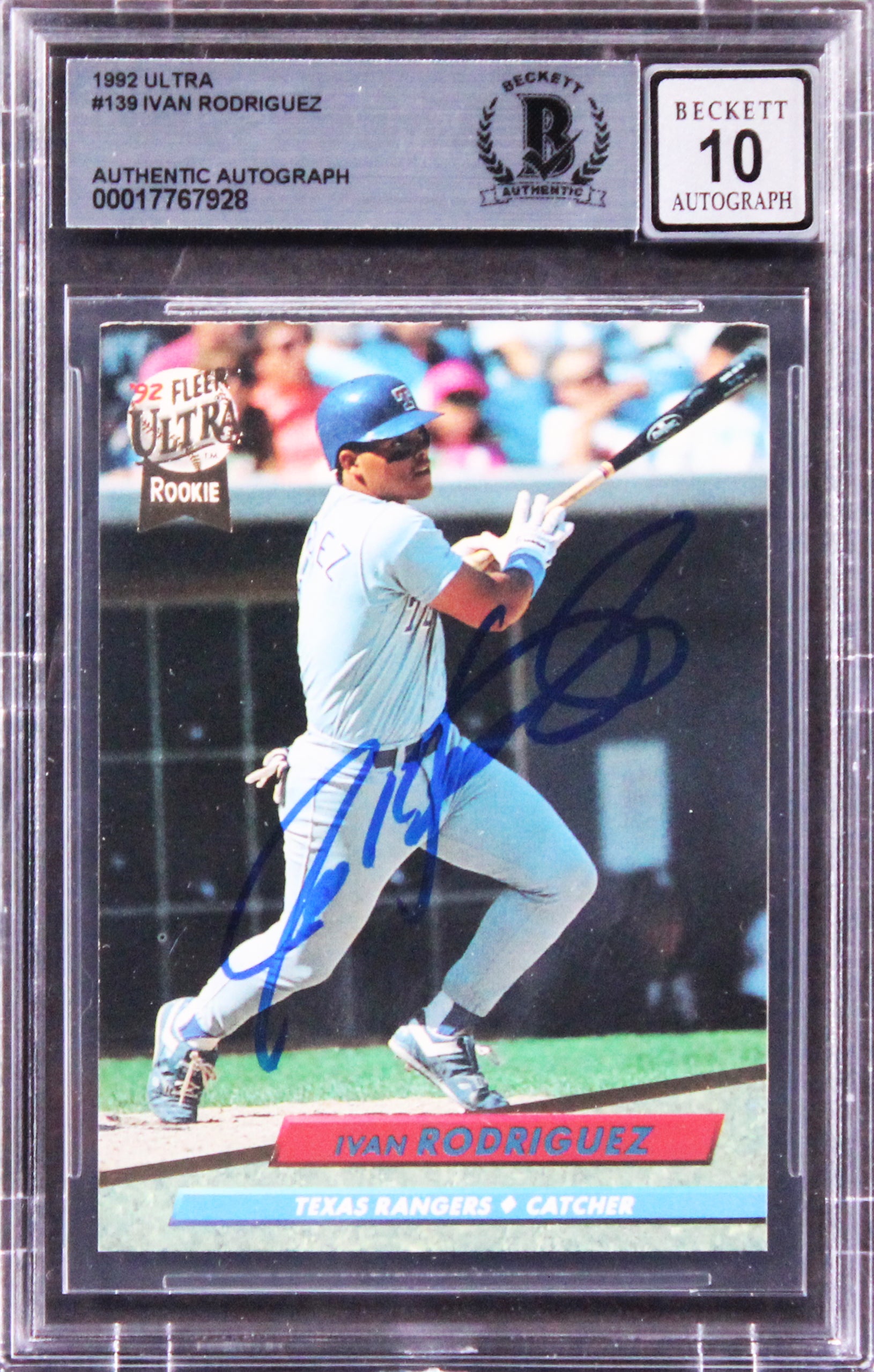 Rangers Ivan Rodriguez Signed 1992 Ultra #139 Rookie Card Auto 10! BAS Slabbed