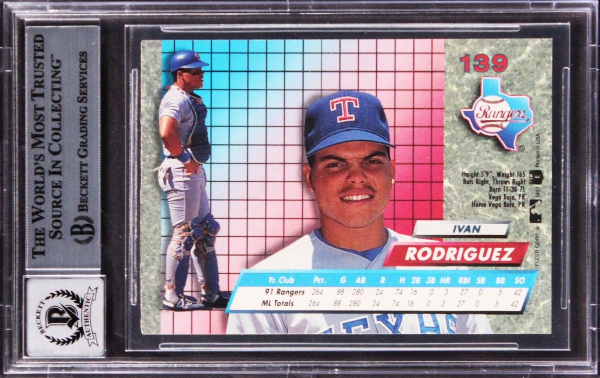 Rangers Ivan Rodriguez Signed 1992 Ultra #139 Rookie Card Auto 10! BAS Slabbed
