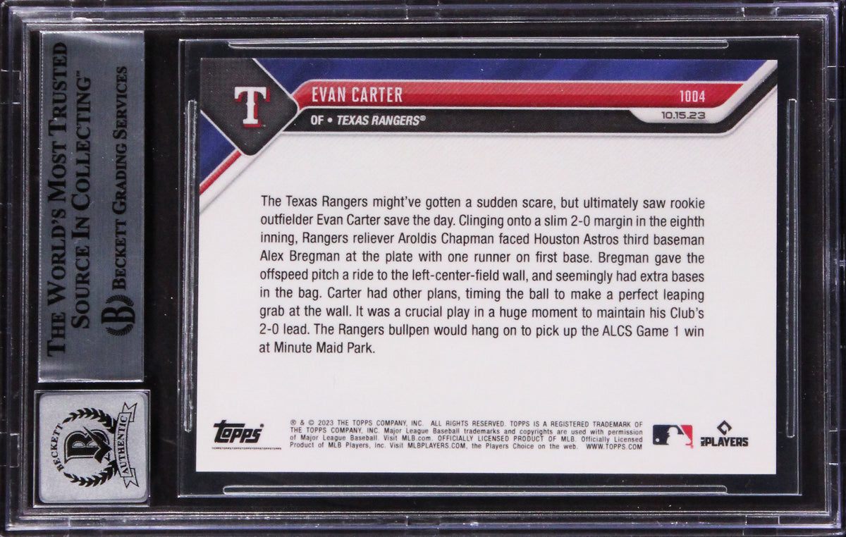 Rangers Evan Carter Signed 2023 Topps Now #1004 Rookie Card Auto 10! BAS Slabbed