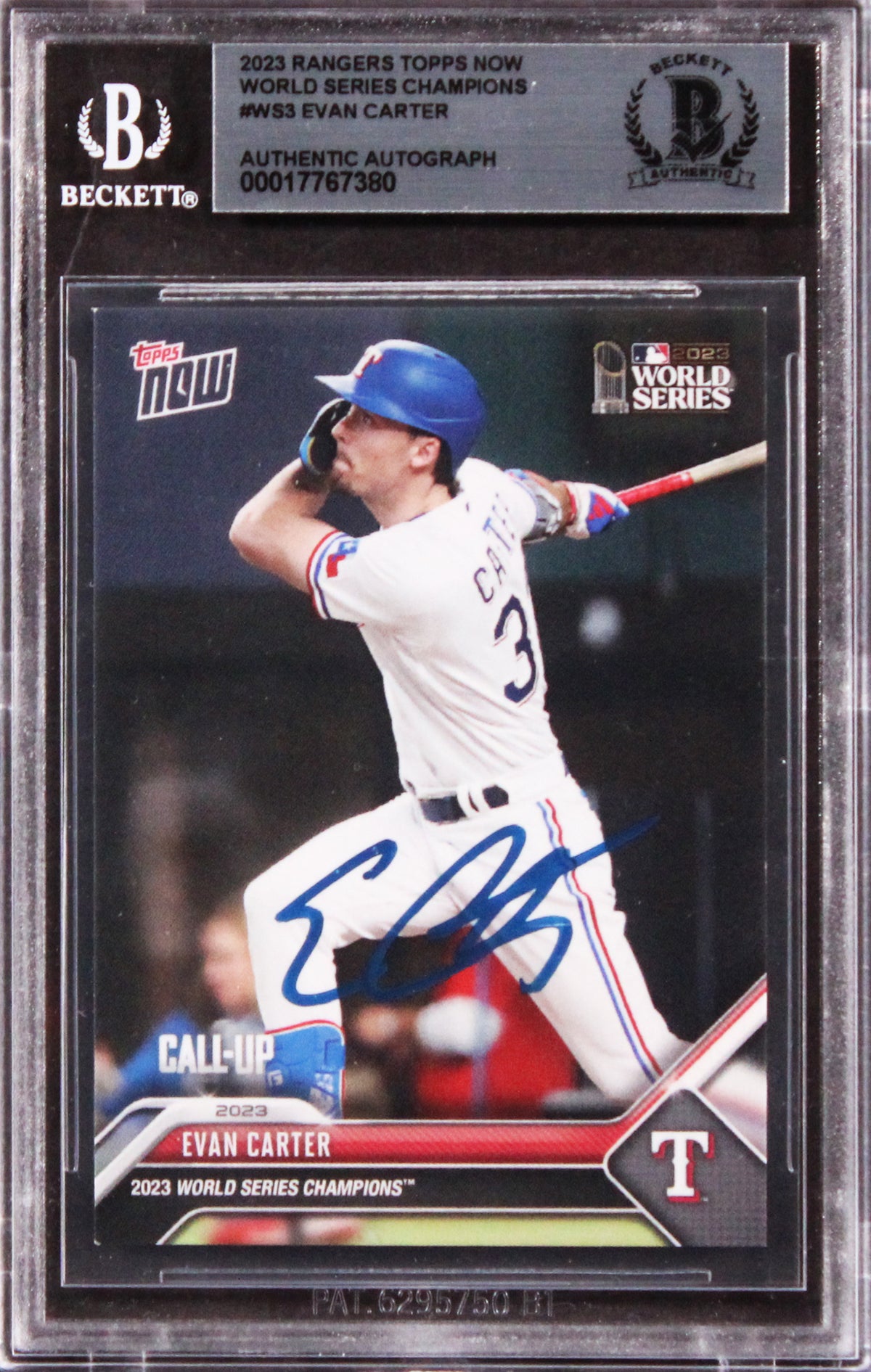 Rangers Evan Carter Signed 2023 Topps Now WS Champs #WS3 Rookie Card BAS Slabbed