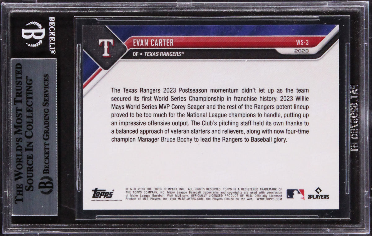 Rangers Evan Carter Signed 2023 Topps Now WS Champs #WS3 Rookie Card BAS Slabbed