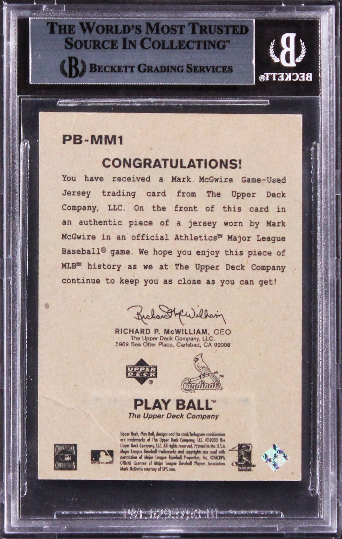 Cardinals Mark McGwire Signed 2003 UD Play Ball Game Used #MM1 Card BAS Slabbed