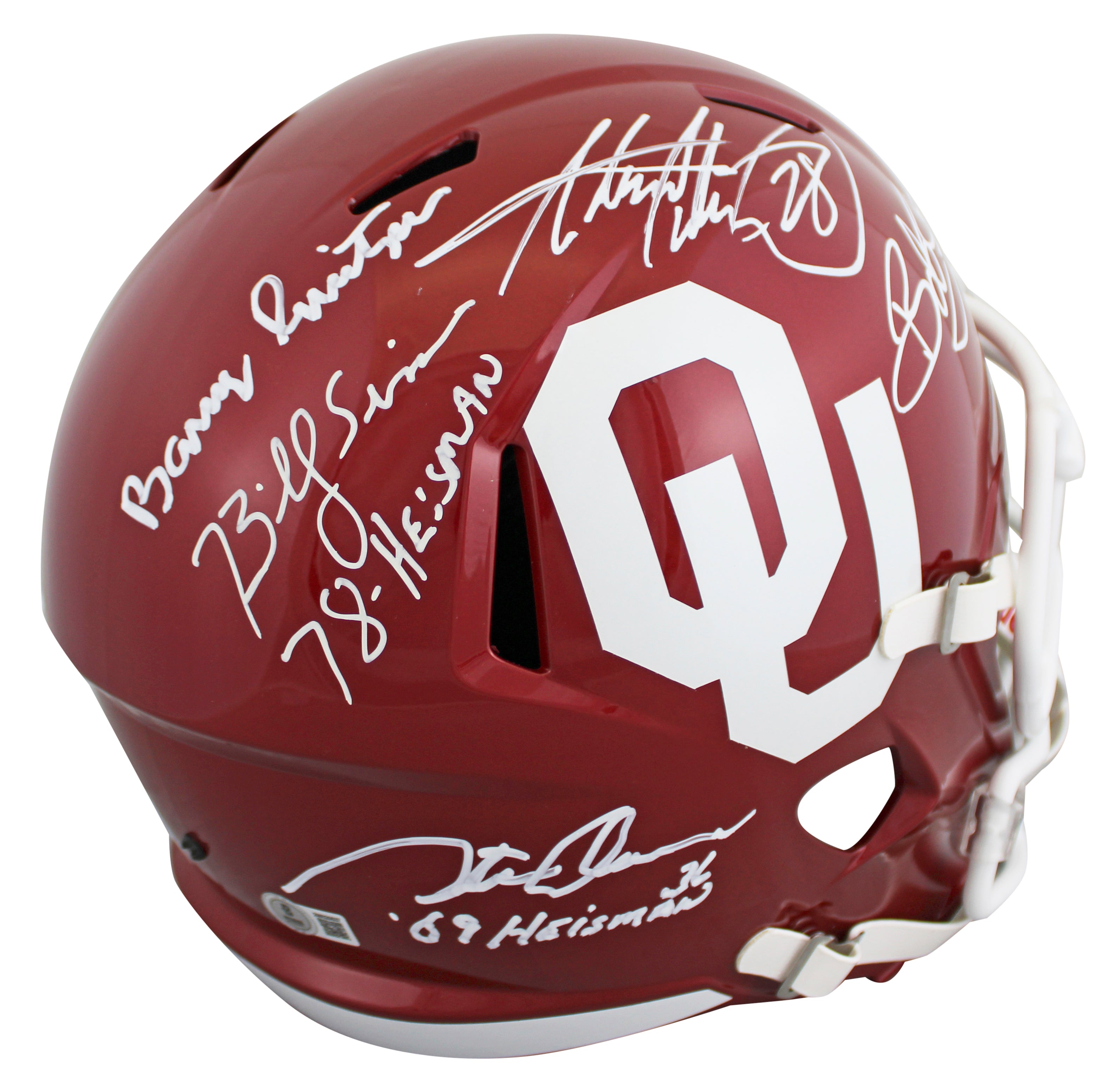 OU Legends (5) Peterson, Stoops +3 Signed F/S Speed Rep Helmet w/ Case BAS Wit