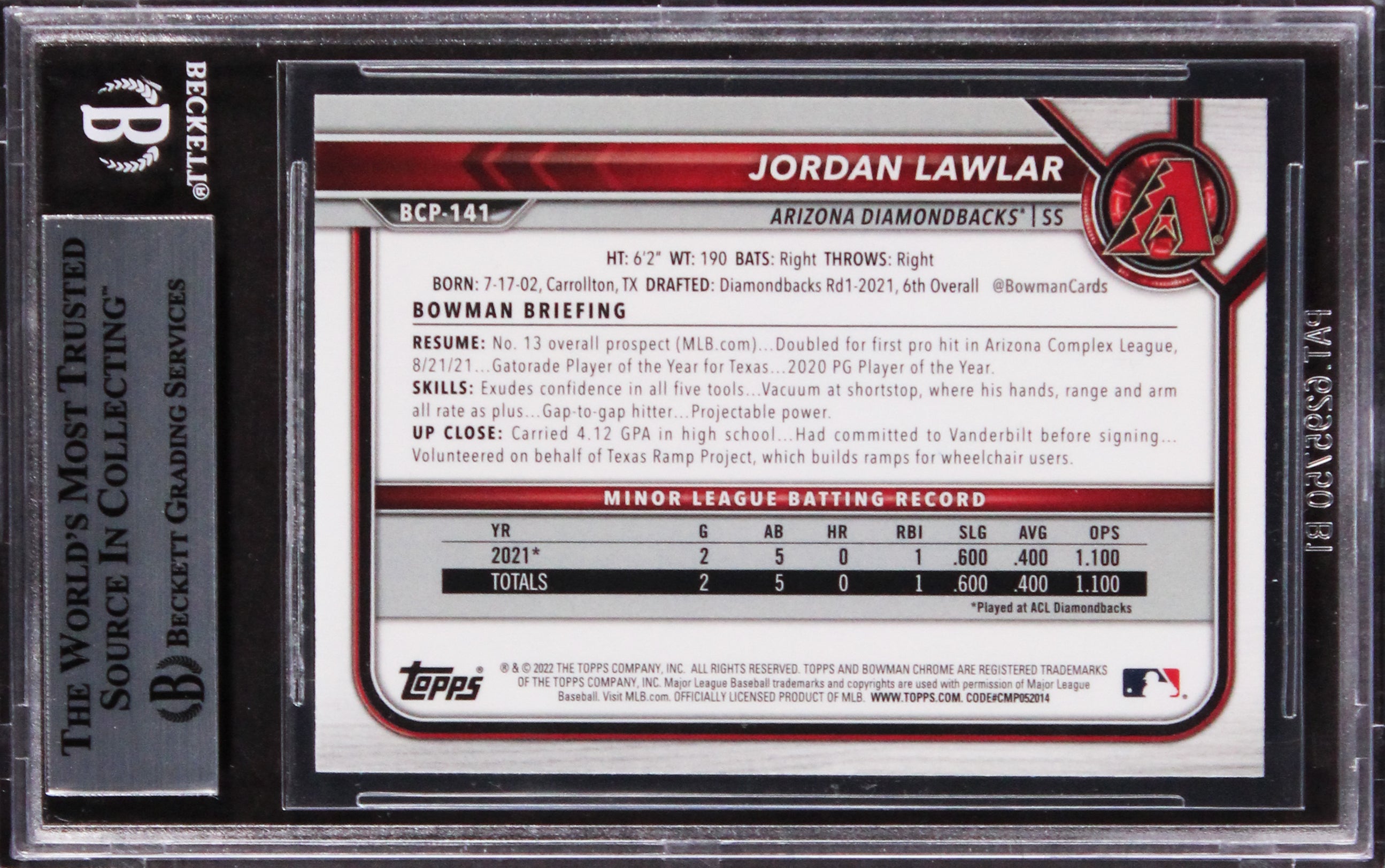 DBacks Jordan Lawlar Signed 2022 Bowman Chrome Mega #BCP141 Rookie Card BAS Slab
