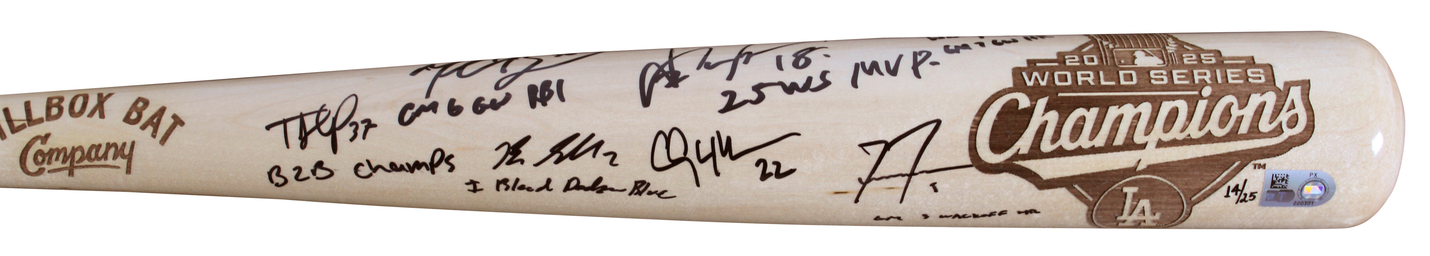 2025 Dodgers (8) Sasaki, Yamamoto, Freeman, Betts +4 Signed WS Bat LE FAN & MLB