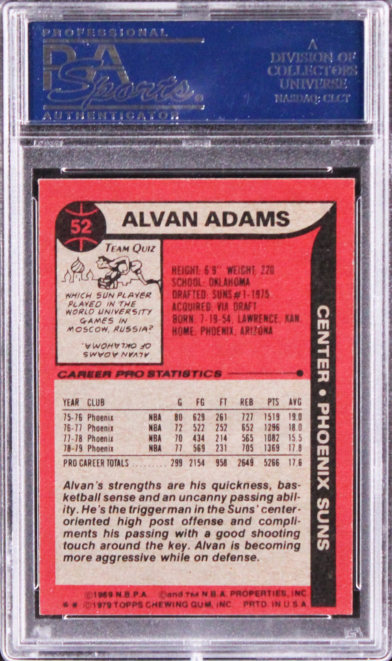 Suns Alvan Adams Authentic Signed 1979 Topps #52 Card PSA/DNA Slabbed 2