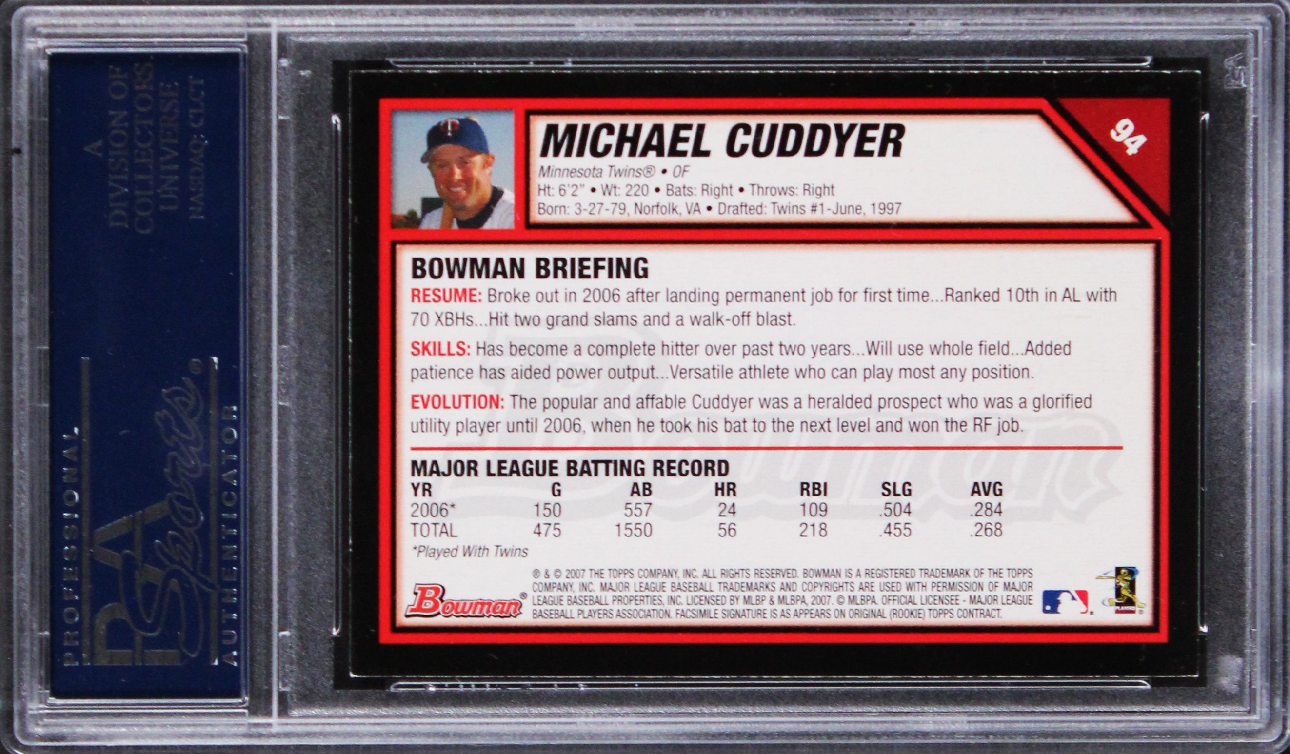 Twins Michael Cuddyer Authentic Signed 2007 Bowman #94 Card PSA/DNA Slabbed