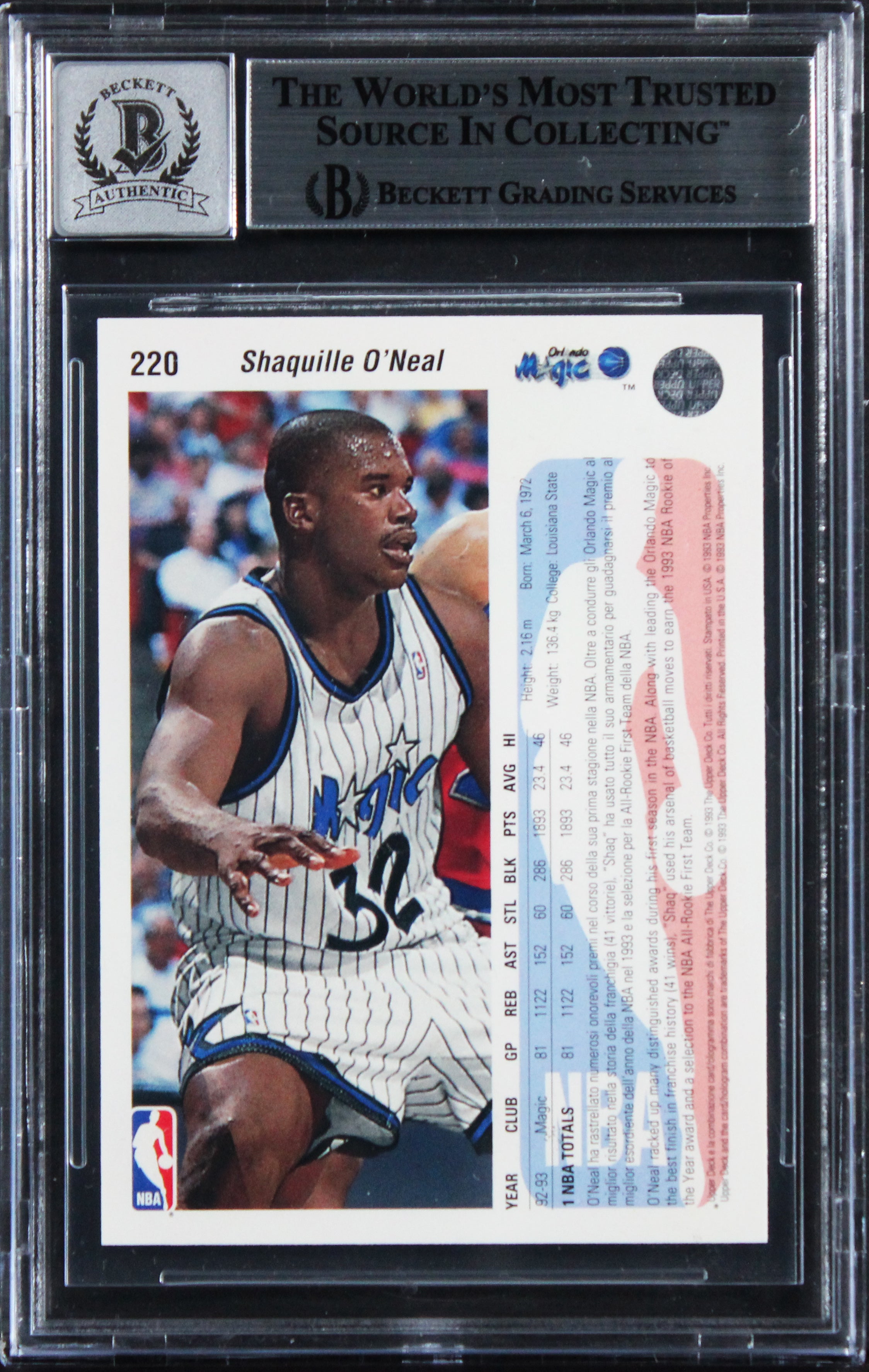 Shaquille O'Neal Signed 1992 Upper Deck Intl #220 RC Card Auto 10! BAS Slabbed